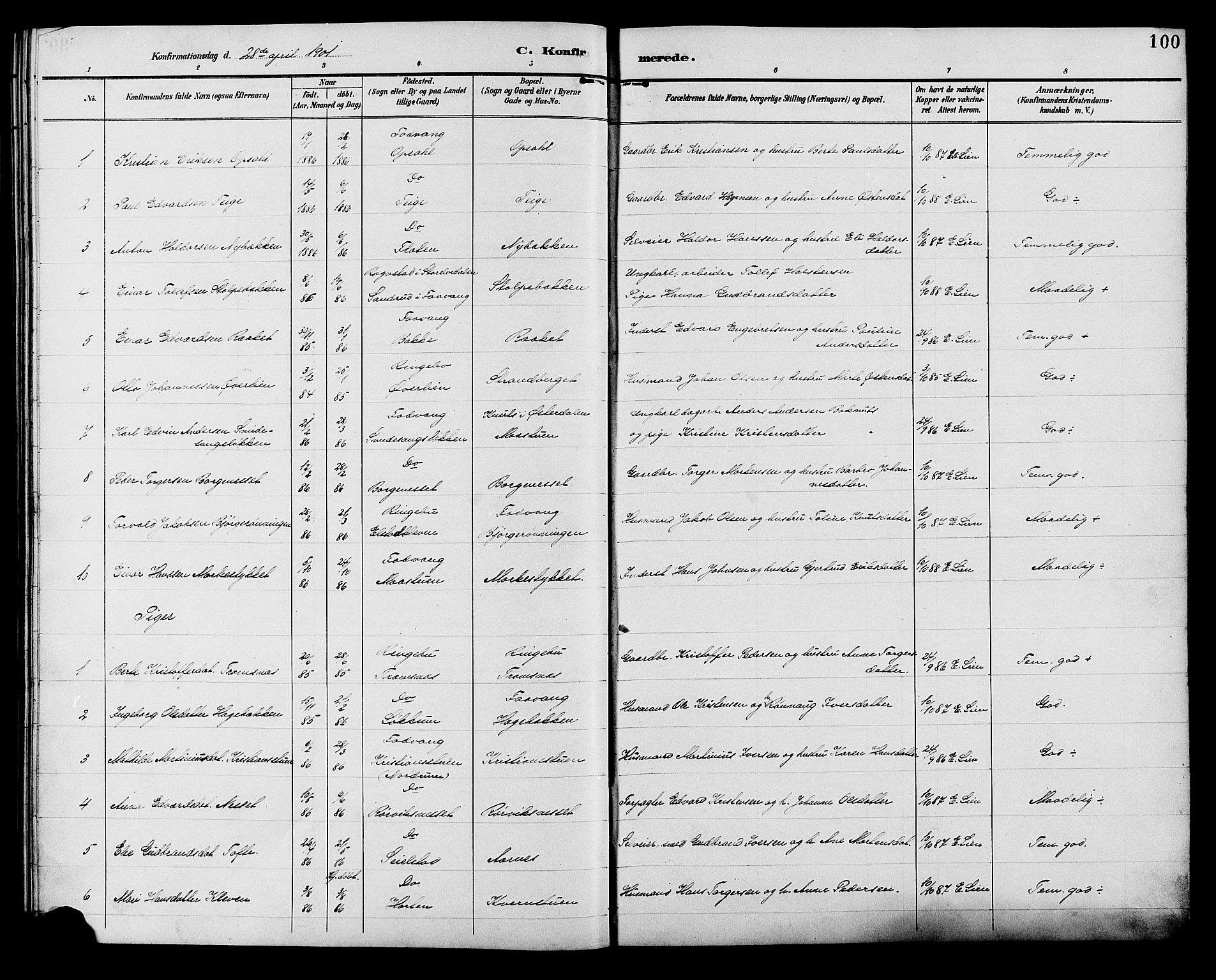 Ringebu prestekontor, SAH/PREST-082/H/Ha/Hab/L0007: Parish register (copy) no. 7, 1890-1910, p. 100
