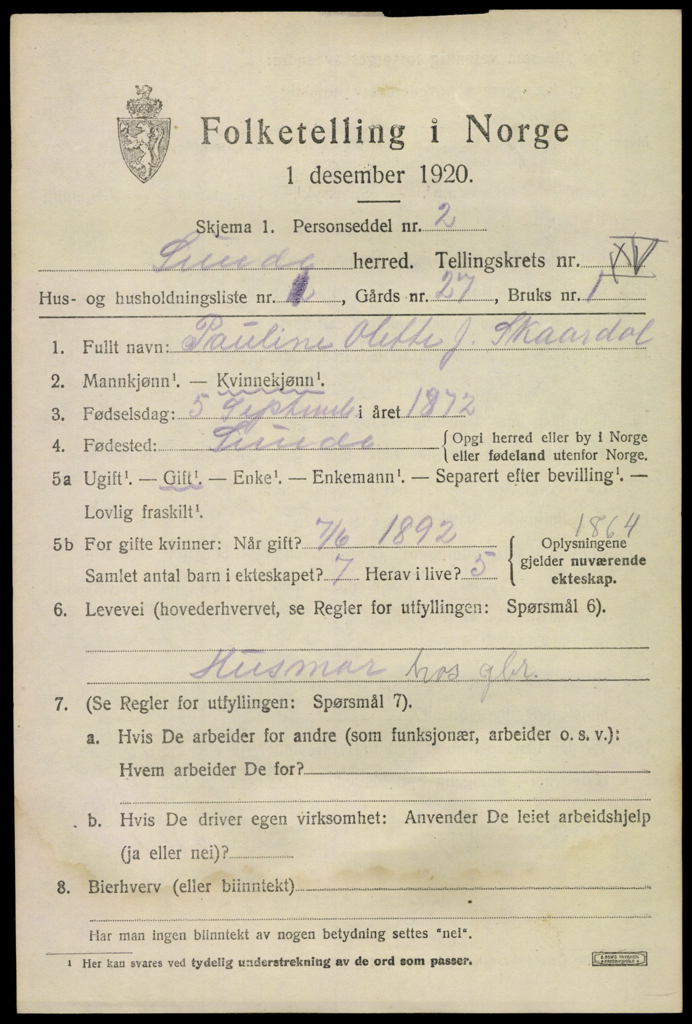 SAKO, 1920 census for Lunde, 1920, p. 3405