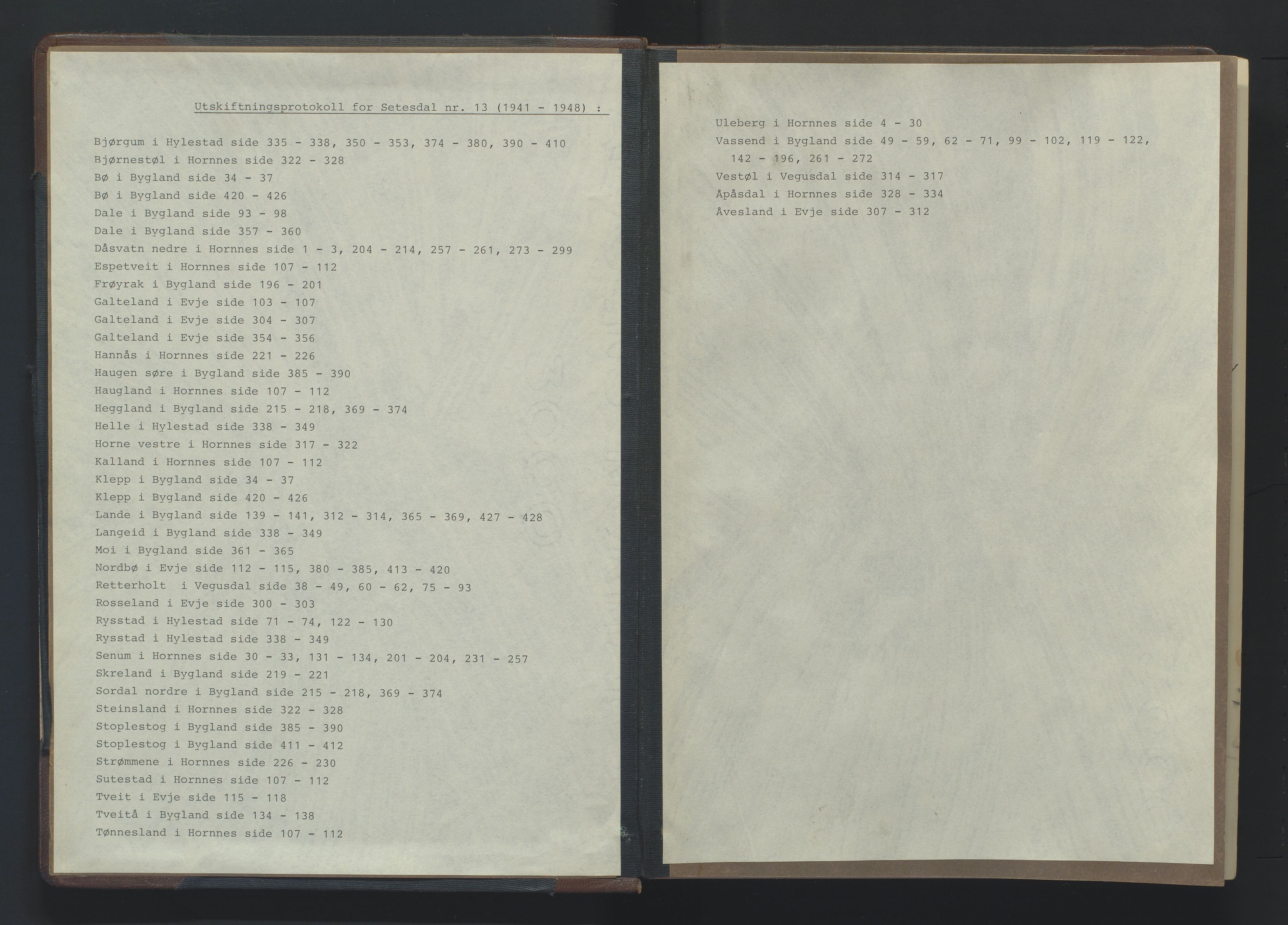 Utskiftningsformannen i Nedenes amt, AV/SAK-1541-0002/F/Fa/Fac/L0012: Jordskifteprotokoll med register, Setesdal domssokn nr 13, 1941-1948