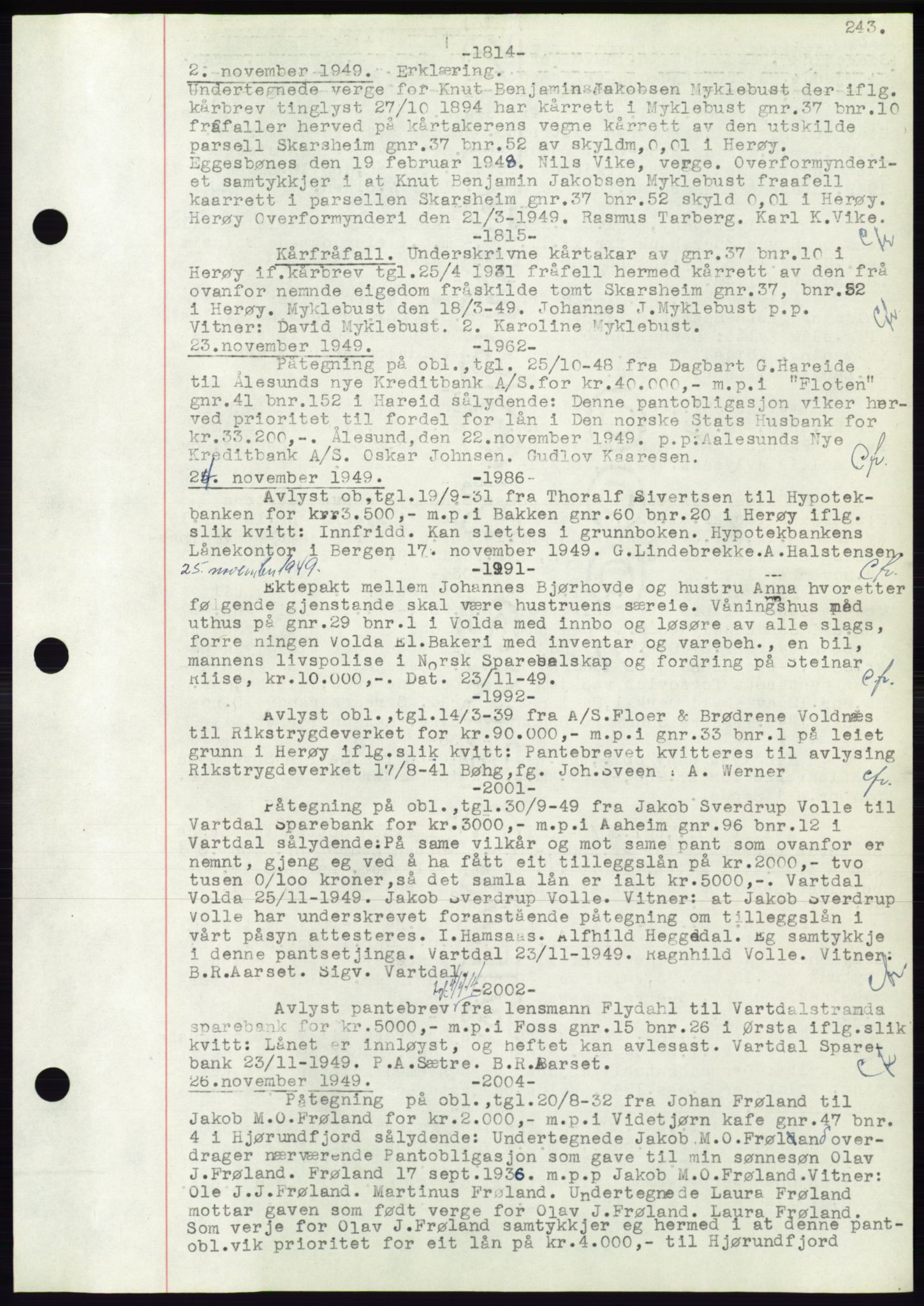 Søre Sunnmøre sorenskriveri, AV/SAT-A-4122/1/2/2C/L0072: Mortgage book no. 66, 1941-1955, Diary no: : 1814/1949