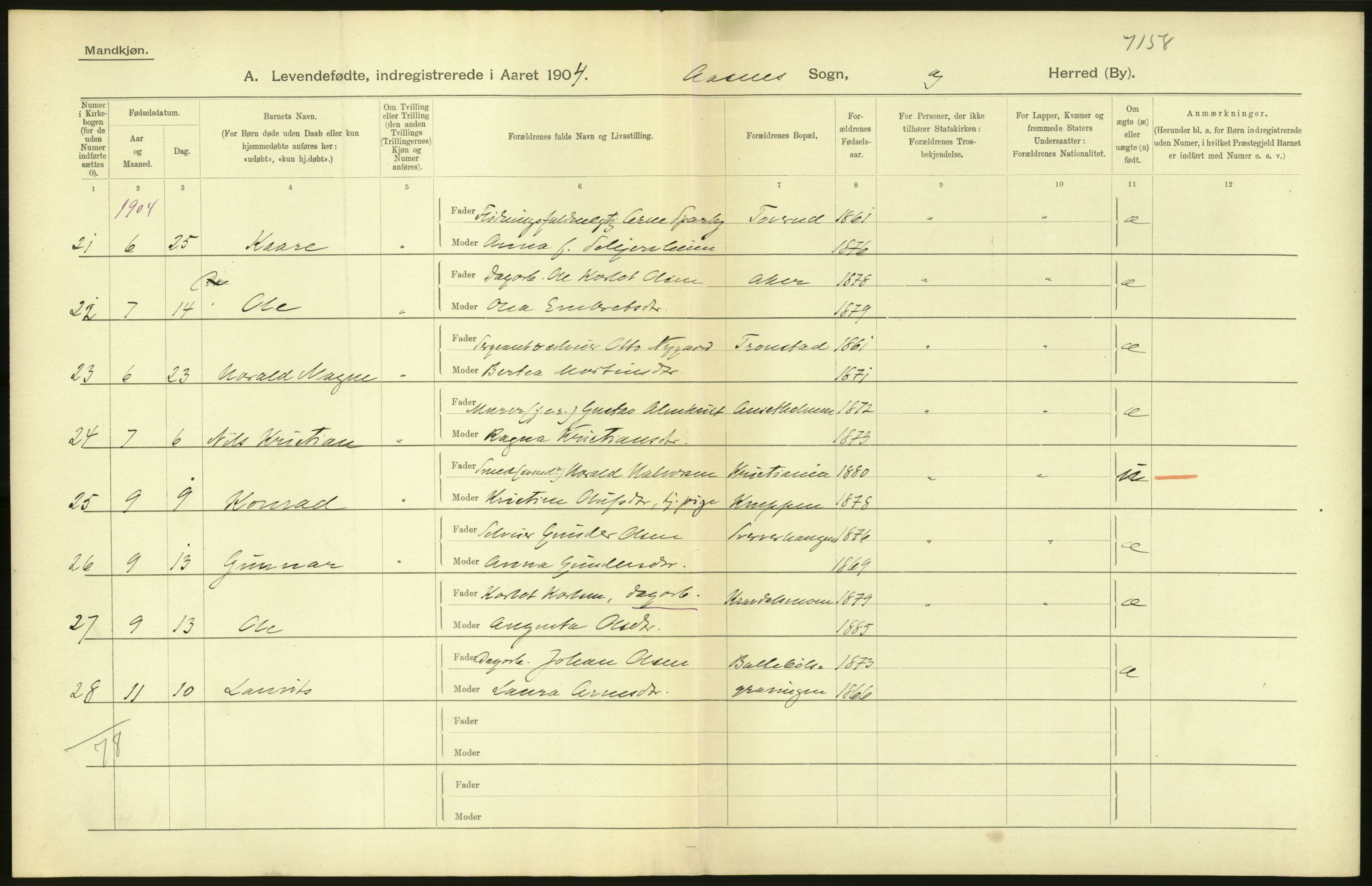 Statistisk sentralbyrå, Sosiodemografiske emner, Befolkning, AV/RA-S-2228/D/Df/Dfa/Dfab/L0005: Hedemarkens amt: Fødte, gifte, døde, 1904, p. 56