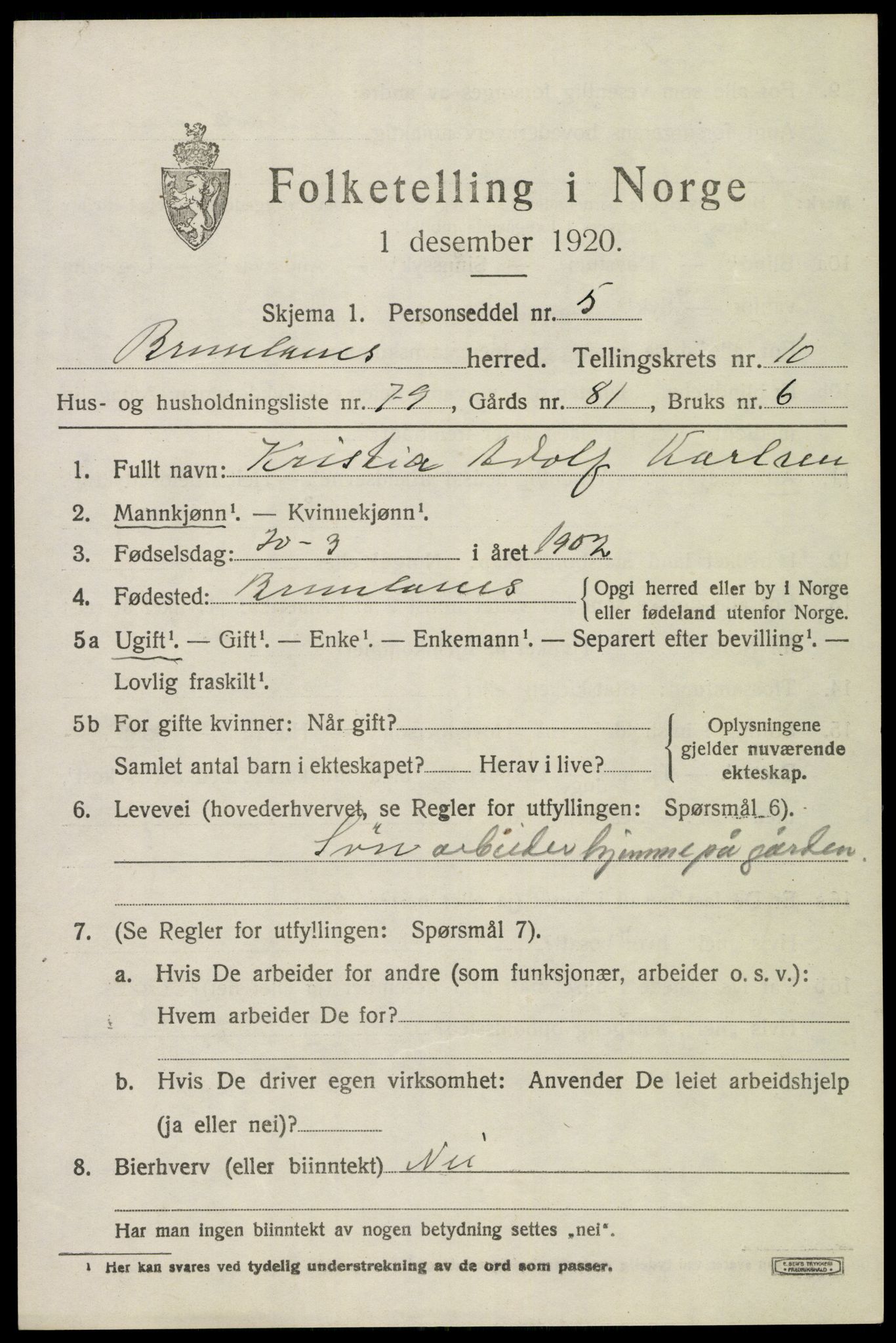SAKO, 1920 census for Brunlanes, 1920, p. 9275