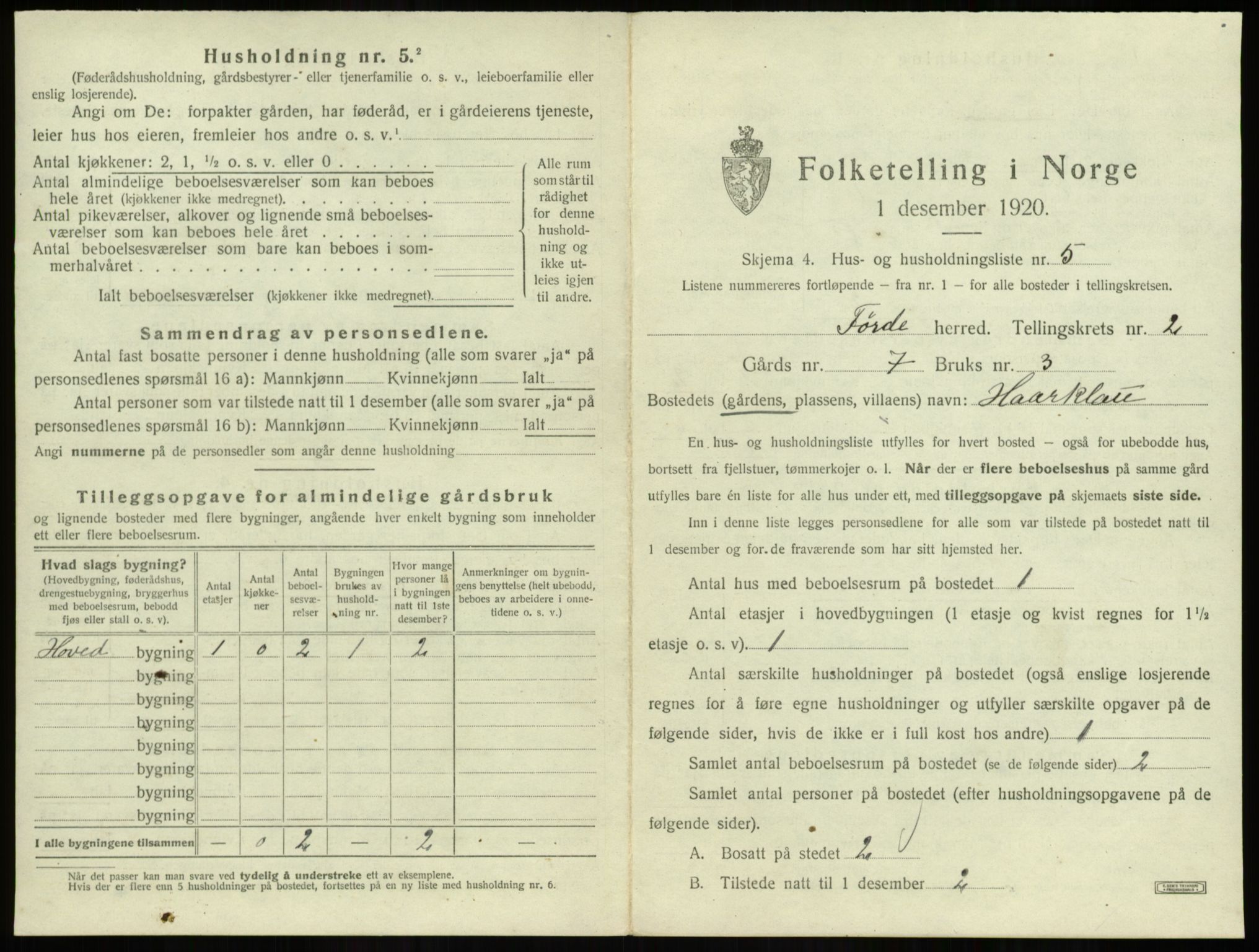 SAB, 1920 census for Førde, 1920, p. 121