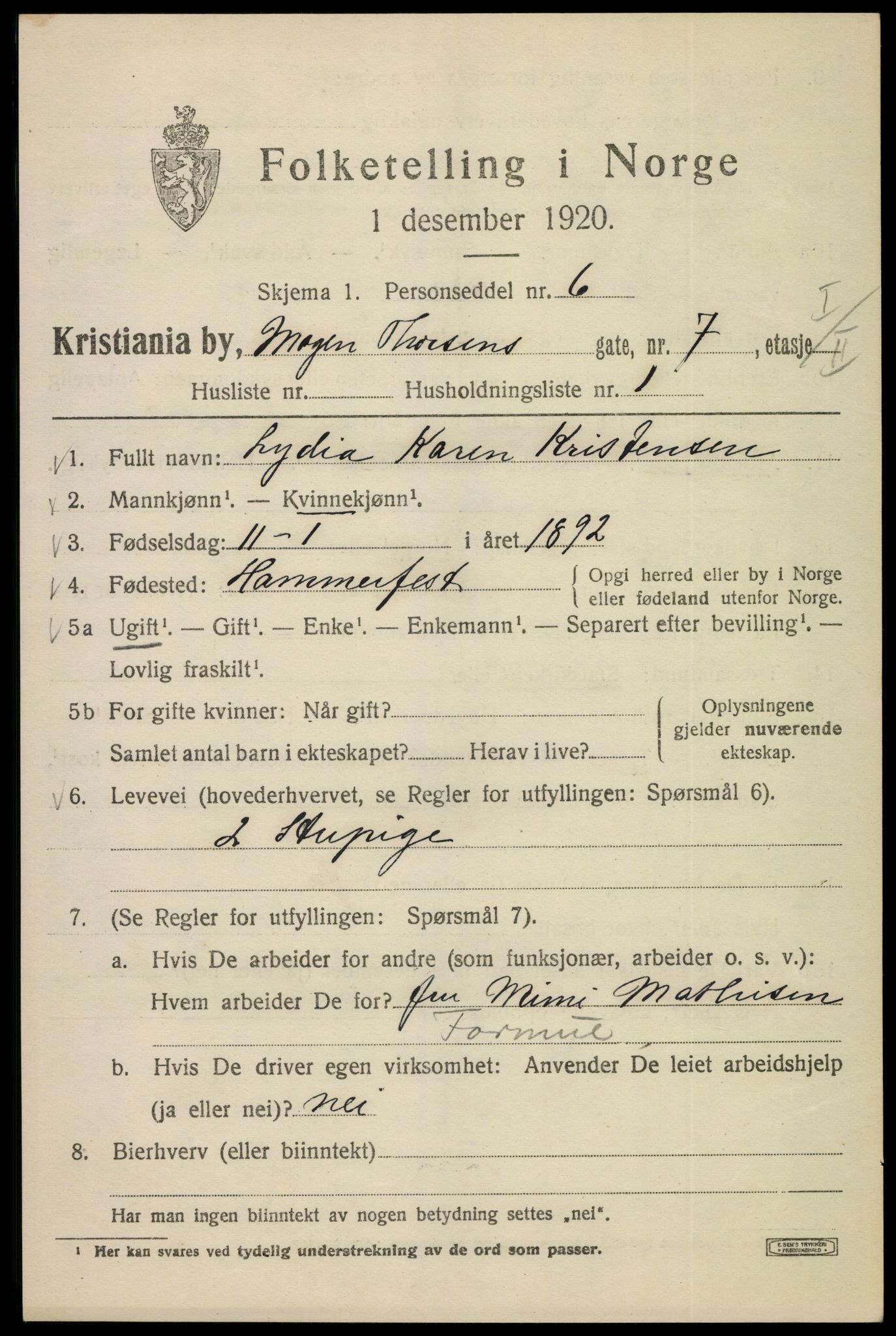 SAO, 1920 census for Kristiania, 1920, p. 396285