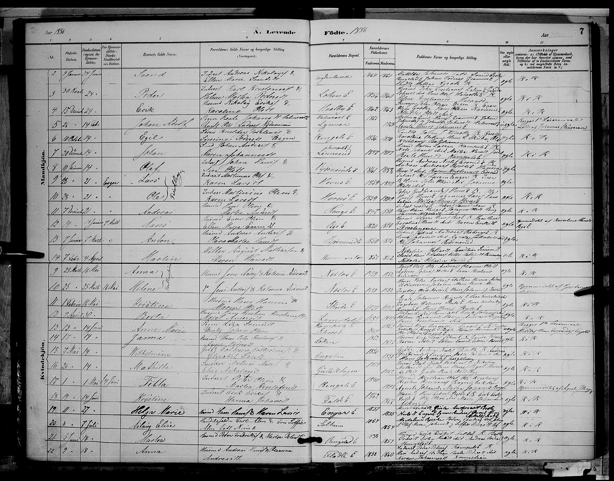 Søndre Land prestekontor, SAH/PREST-122/L/L0002: Parish register (copy) no. 2, 1884-1900, p. 7
