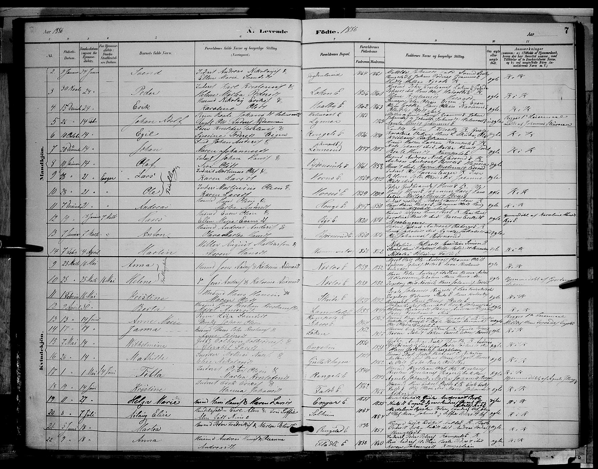 Søndre Land prestekontor, AV/SAH-PREST-122/L/L0002: Parish register (copy) no. 2, 1884-1900, p. 7