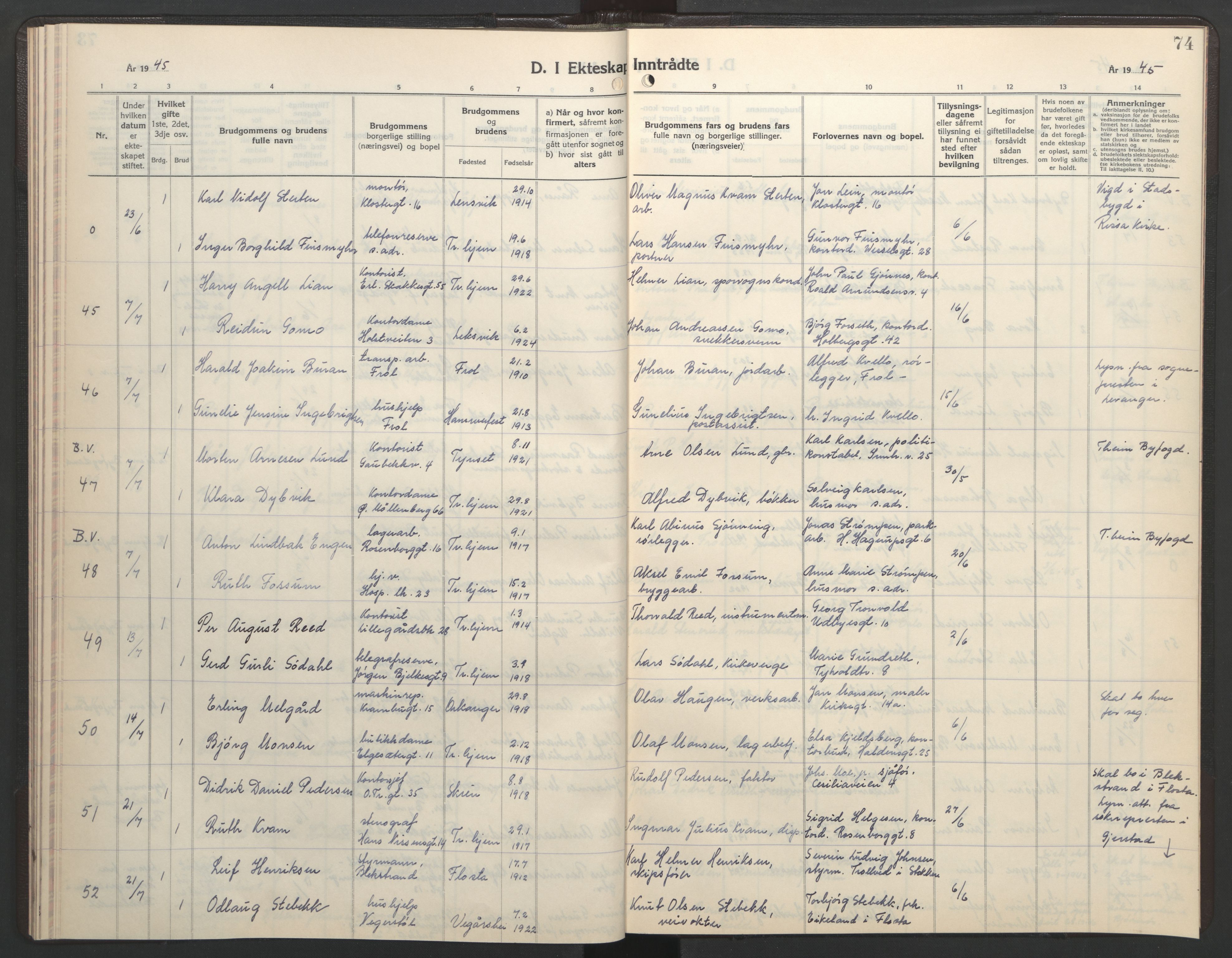 Ministerialprotokoller, klokkerbøker og fødselsregistre - Sør-Trøndelag, SAT/A-1456/602/L0154: Parish register (copy) no. 602C22, 1940-1947, p. 74