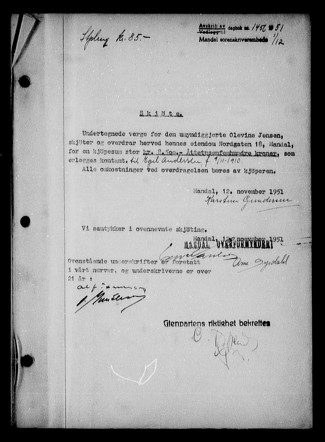 Mandal sorenskriveri, AV/SAK-1221-0005/001/G/Gb/Gba/L0085: Mortgage book no. A-22, 1951-1952, Diary no: : 1456/1951