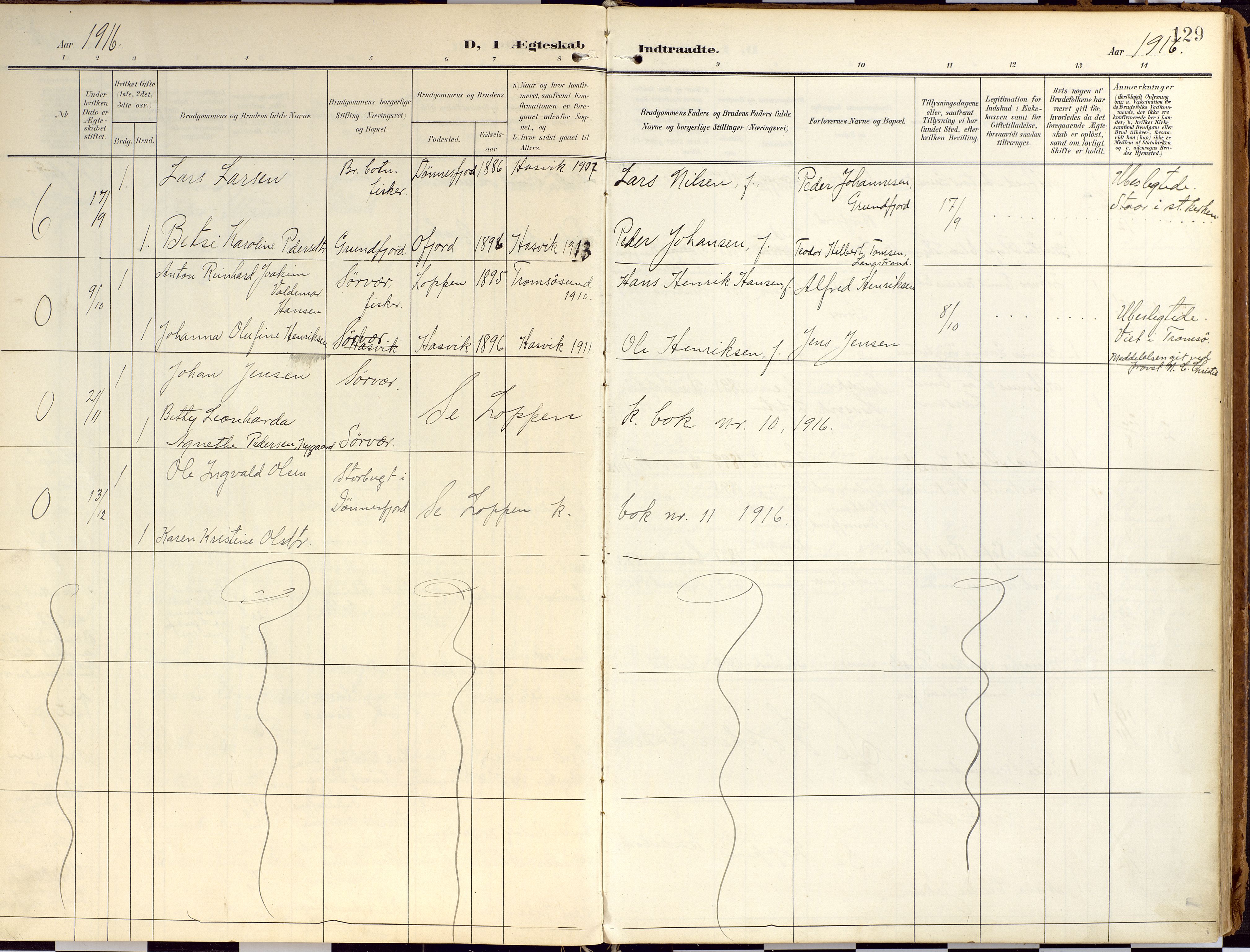 Loppa sokneprestkontor, SATØ/S-1339/H/Ha/L0010kirke: Parish register (official) no. 10, 1907-1922, p. 129