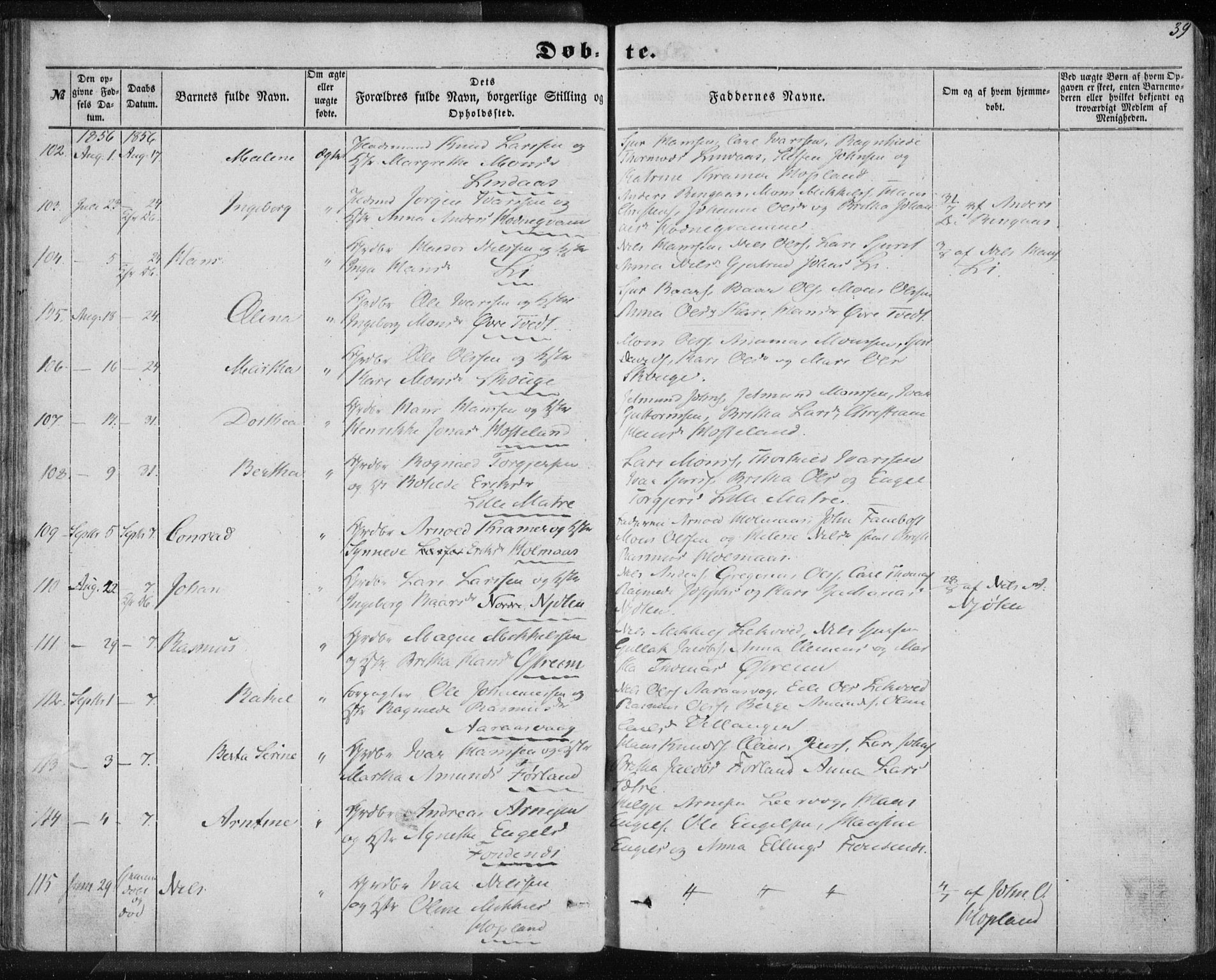 Lindås Sokneprestembete, AV/SAB-A-76701/H/Haa/Haaa/L0011: Parish register (official) no. A 11, 1854-1869, p. 39