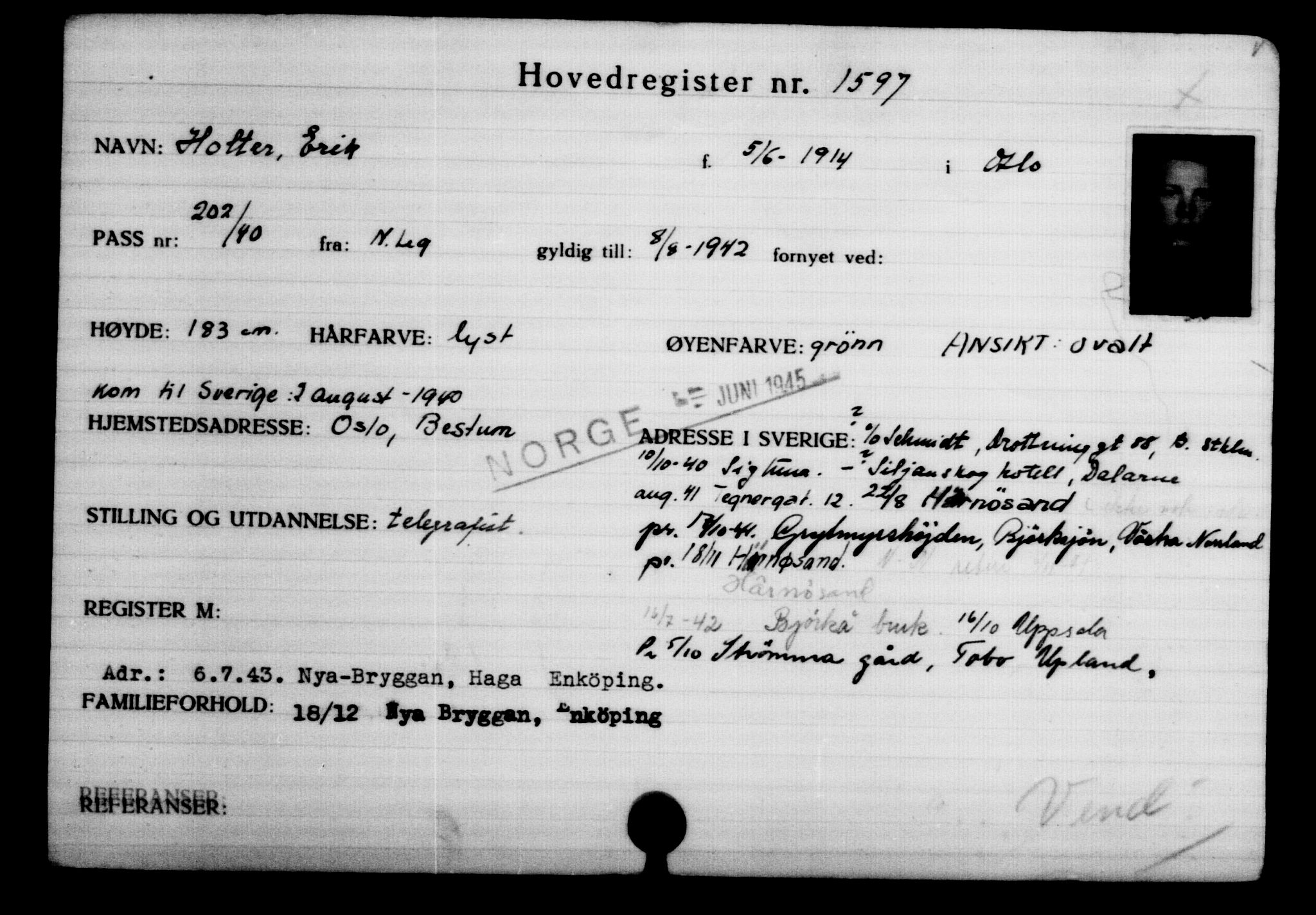Utenriksstasjonene, Legasjonen i Stockholm, Flyktningkontoret, AV/RA-S-6753/V/Va/L0002: Kjesäterkartoteket, flyktninger med registreringsnr. 1001-2000, 1940-1945, p. 855
