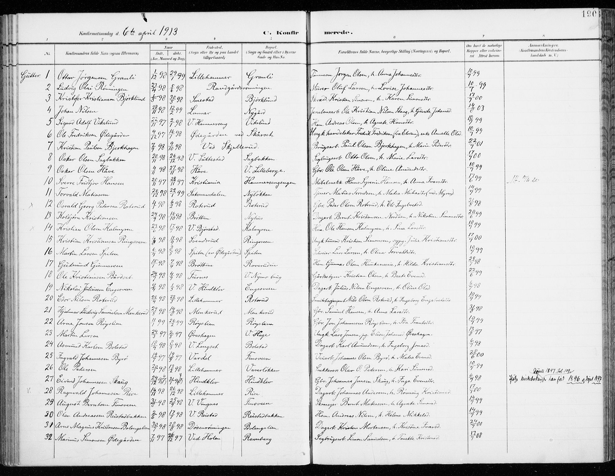 Fåberg prestekontor, AV/SAH-PREST-086/H/Ha/Haa/L0011: Parish register (official) no. 11, 1899-1913, p. 190