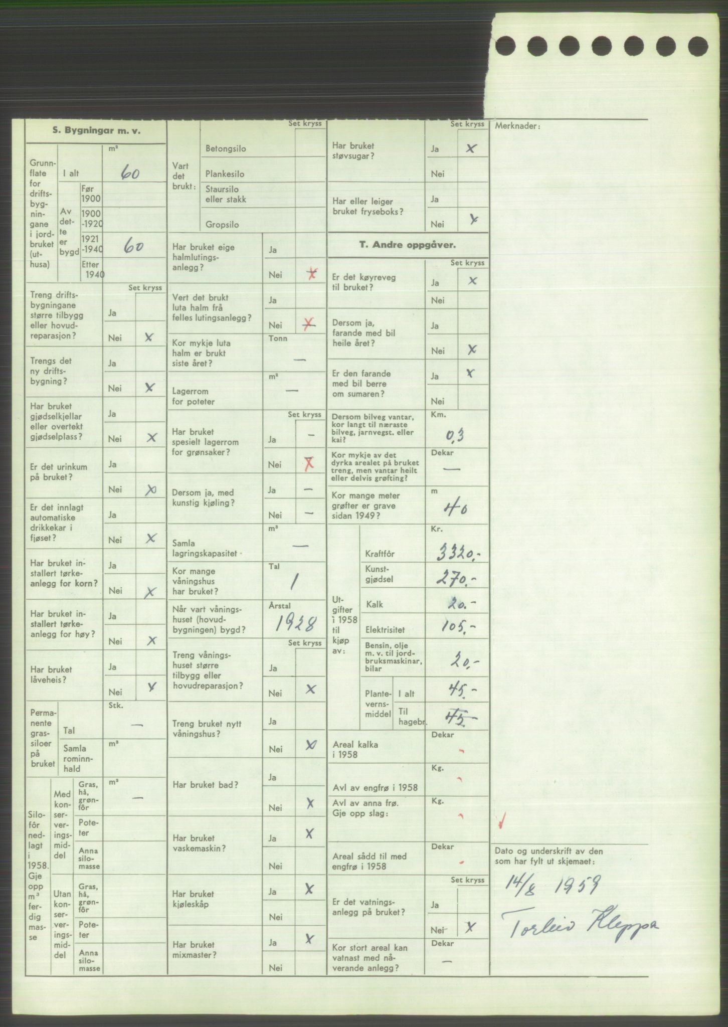 Statistisk sentralbyrå, Næringsøkonomiske emner, Jordbruk, skogbruk, jakt, fiske og fangst, AV/RA-S-2234/G/Gd/L0373: Rogaland: 1130 Strand (kl. 1-2), 1131 Årdal og 1132 Fister, 1959, p. 1108