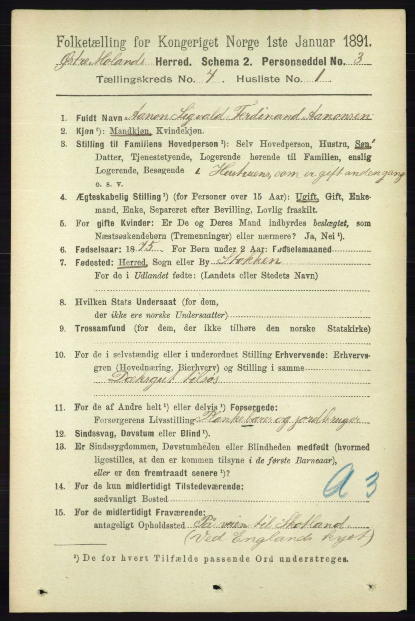 RA, 1891 census for 0918 Austre Moland, 1891, p. 2084