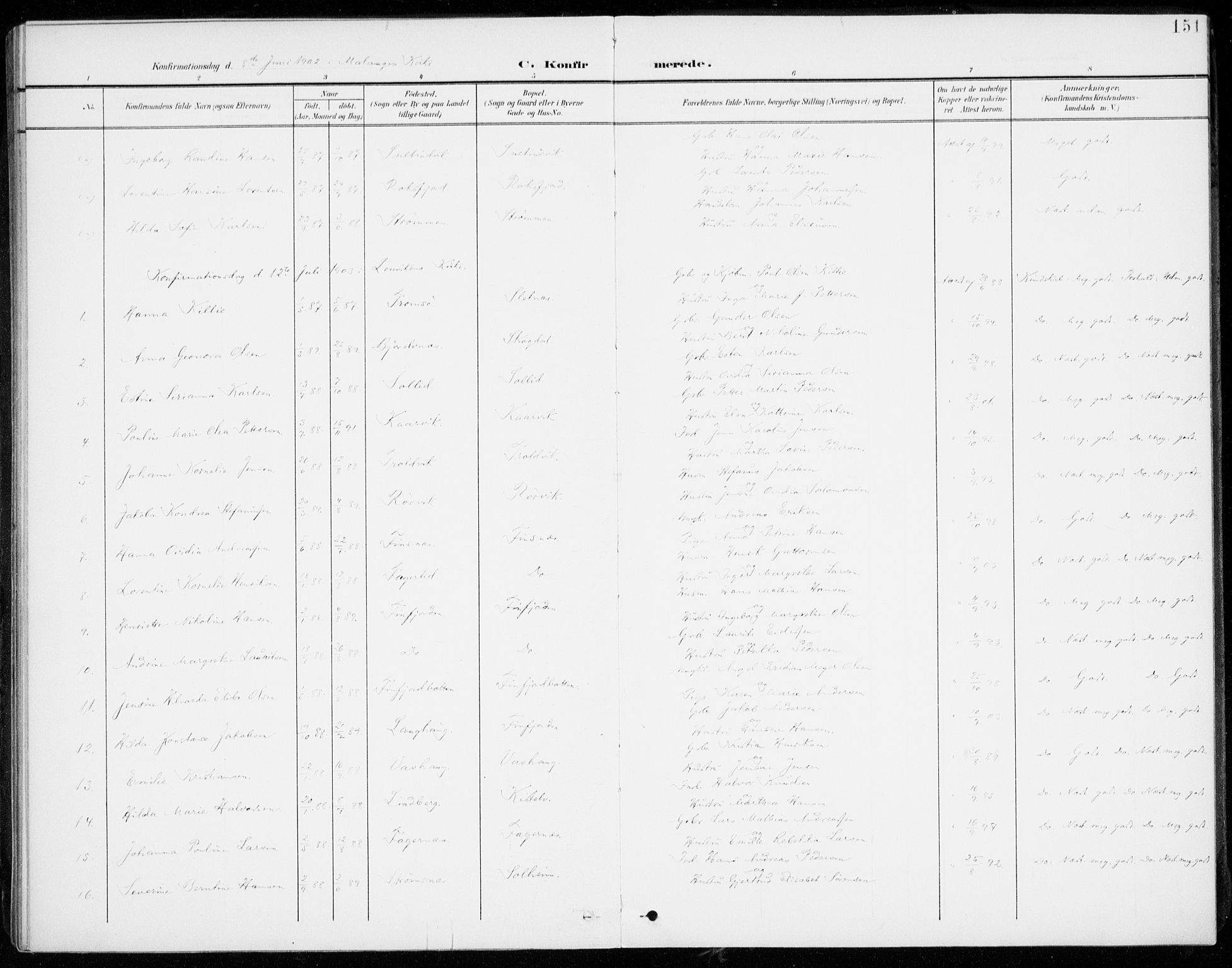 Lenvik sokneprestembete, SATØ/S-1310/H/Ha/Haa/L0014kirke: Parish register (official) no. 14, 1899-1909, p. 151