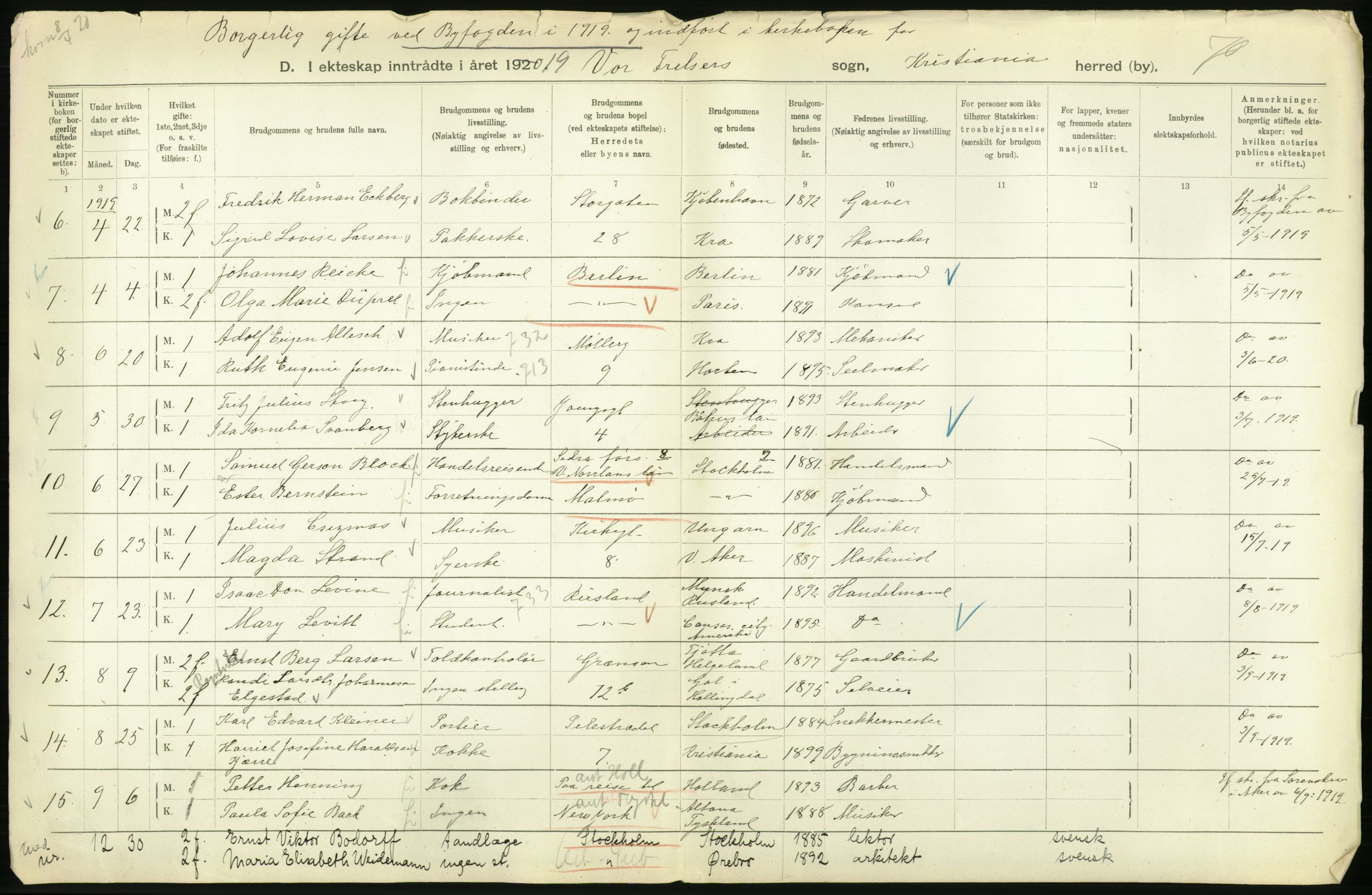 Statistisk sentralbyrå, Sosiodemografiske emner, Befolkning, AV/RA-S-2228/D/Df/Dfb/Dfbi/L0009: Kristiania: Gifte, 1919, p. 58