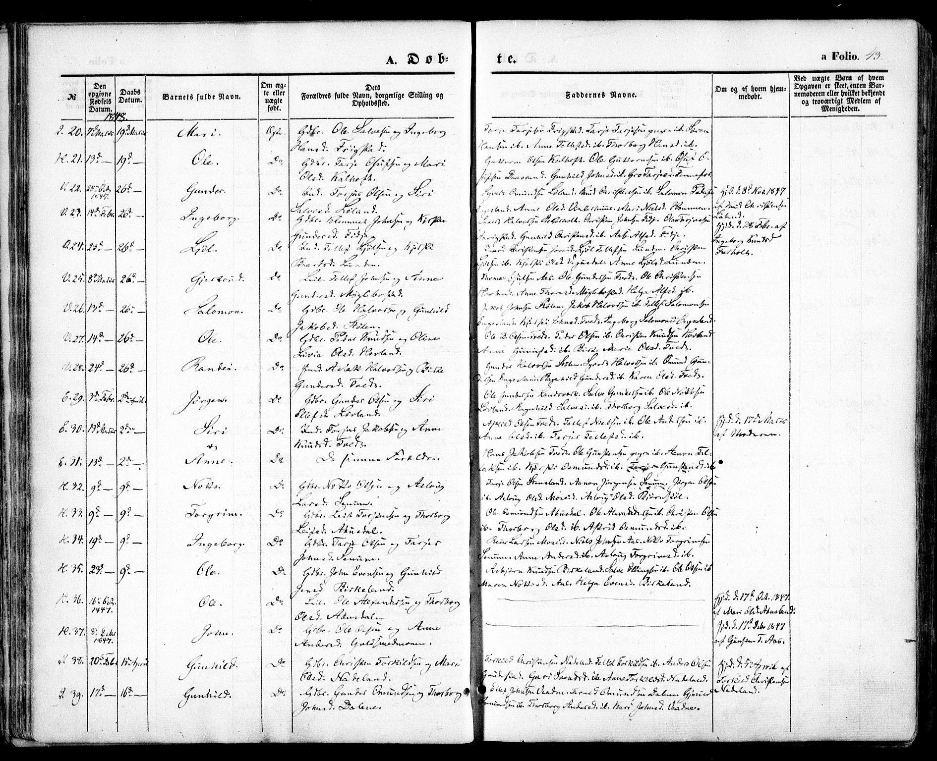 Evje sokneprestkontor, AV/SAK-1111-0008/F/Fa/Faa/L0005: Parish register (official) no. A 5, 1843-1865, p. 43