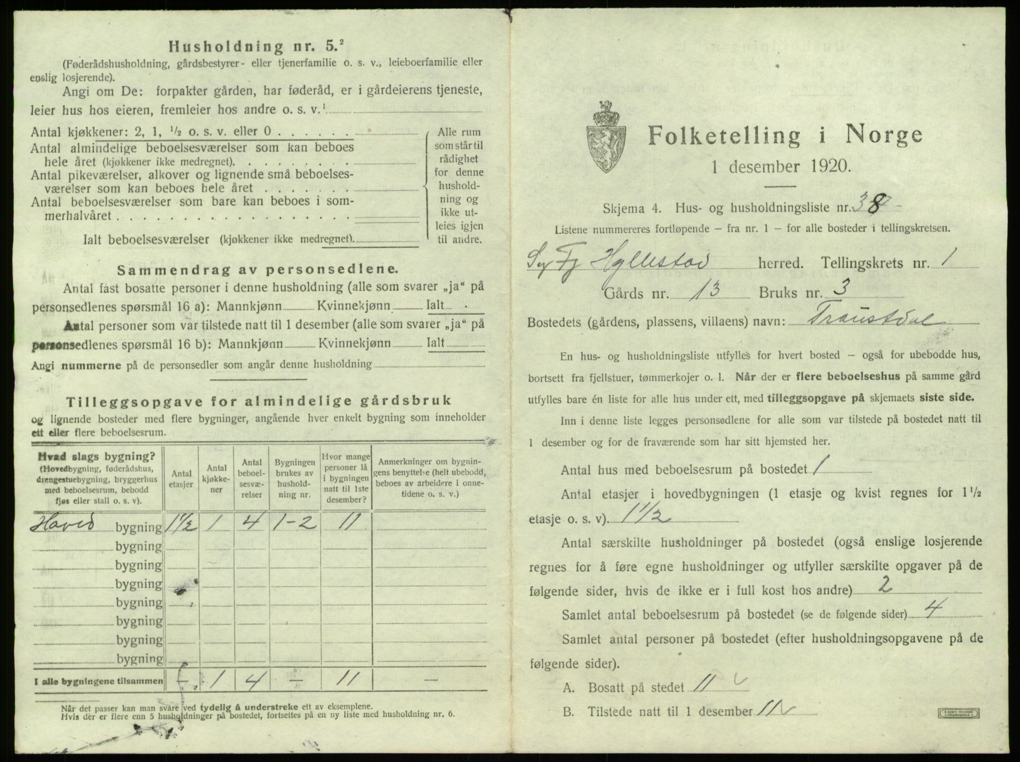 SAB, 1920 census for Hyllestad, 1920, p. 123