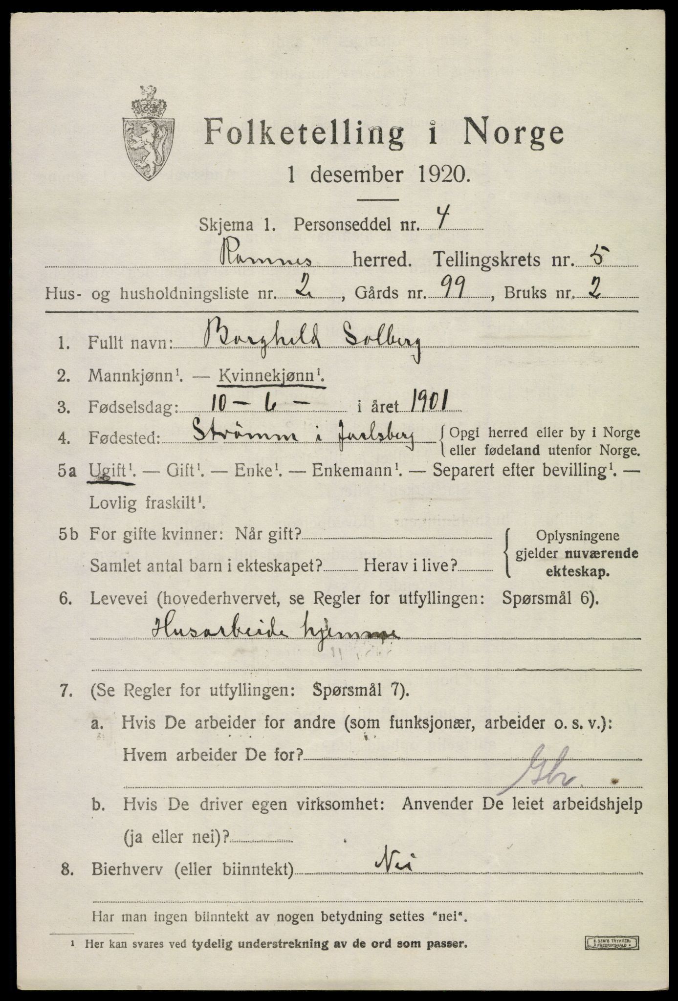 SAKO, 1920 census for Ramnes, 1920, p. 4988