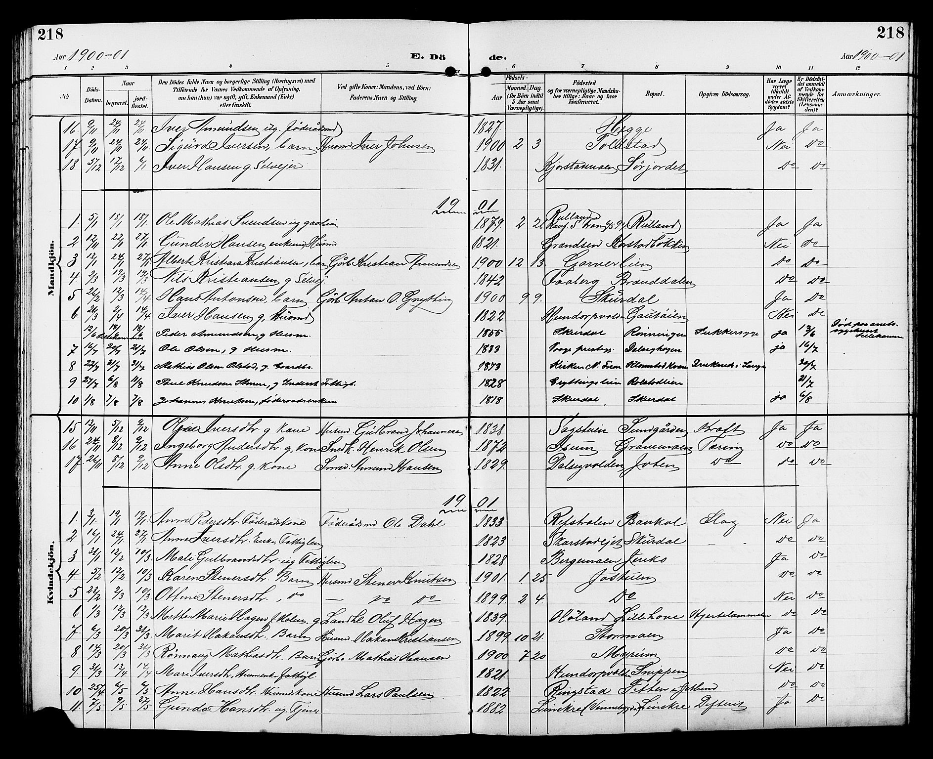 Sør-Fron prestekontor, AV/SAH-PREST-010/H/Ha/Hab/L0004: Parish register (copy) no. 4, 1896-1911, p. 218