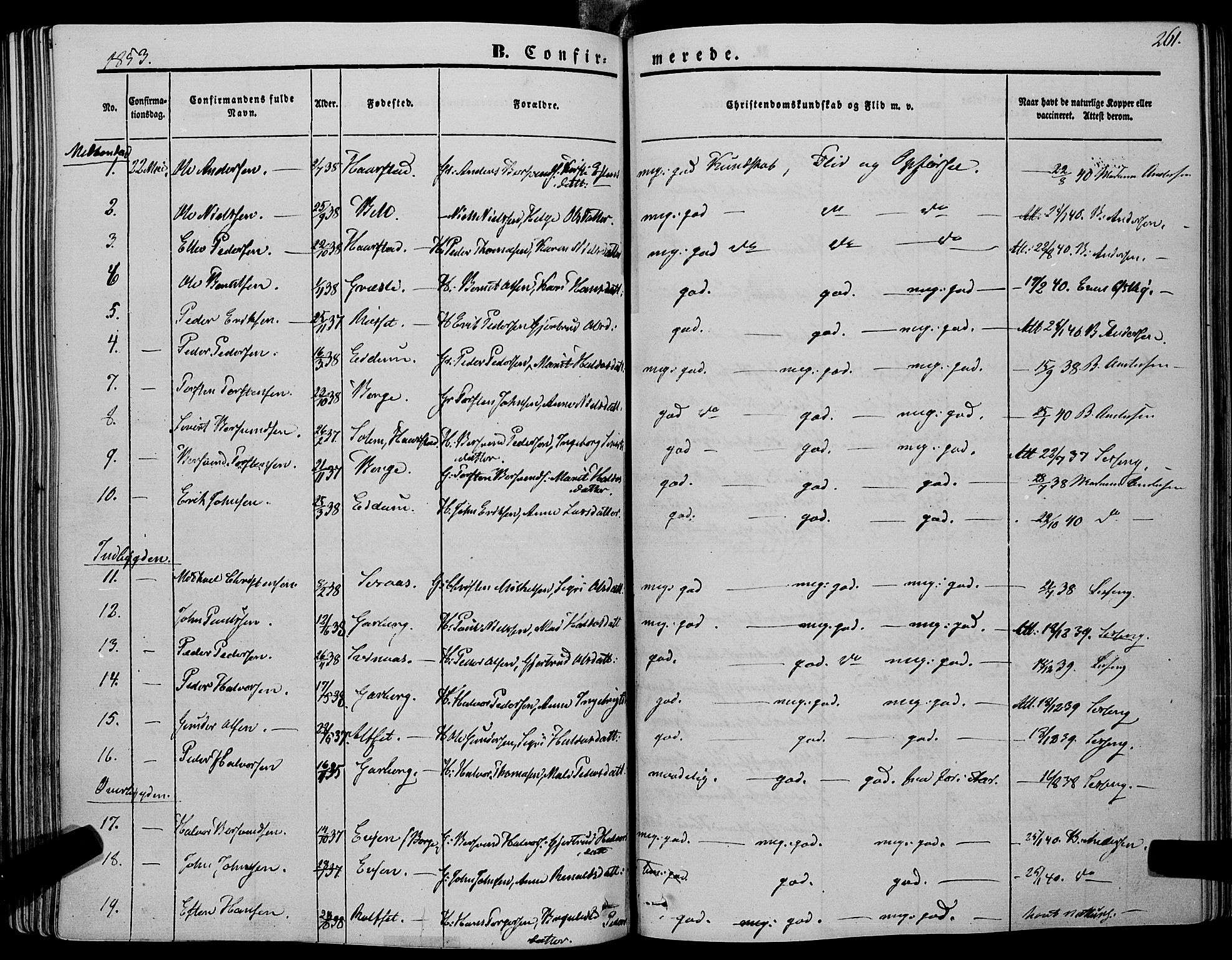 Ministerialprotokoller, klokkerbøker og fødselsregistre - Sør-Trøndelag, AV/SAT-A-1456/695/L1145: Parish register (official) no. 695A06 /1, 1843-1859, p. 261