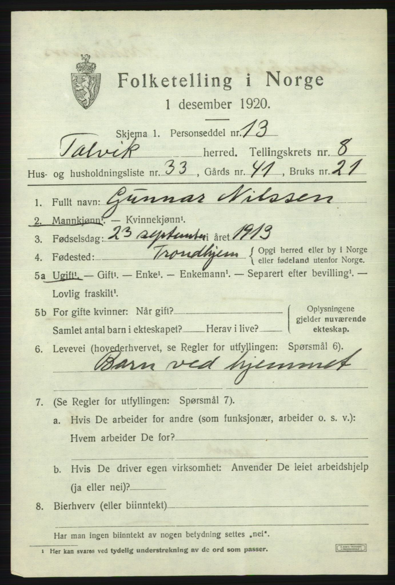SATØ, 1920 census for Talvik, 1920, p. 5358
