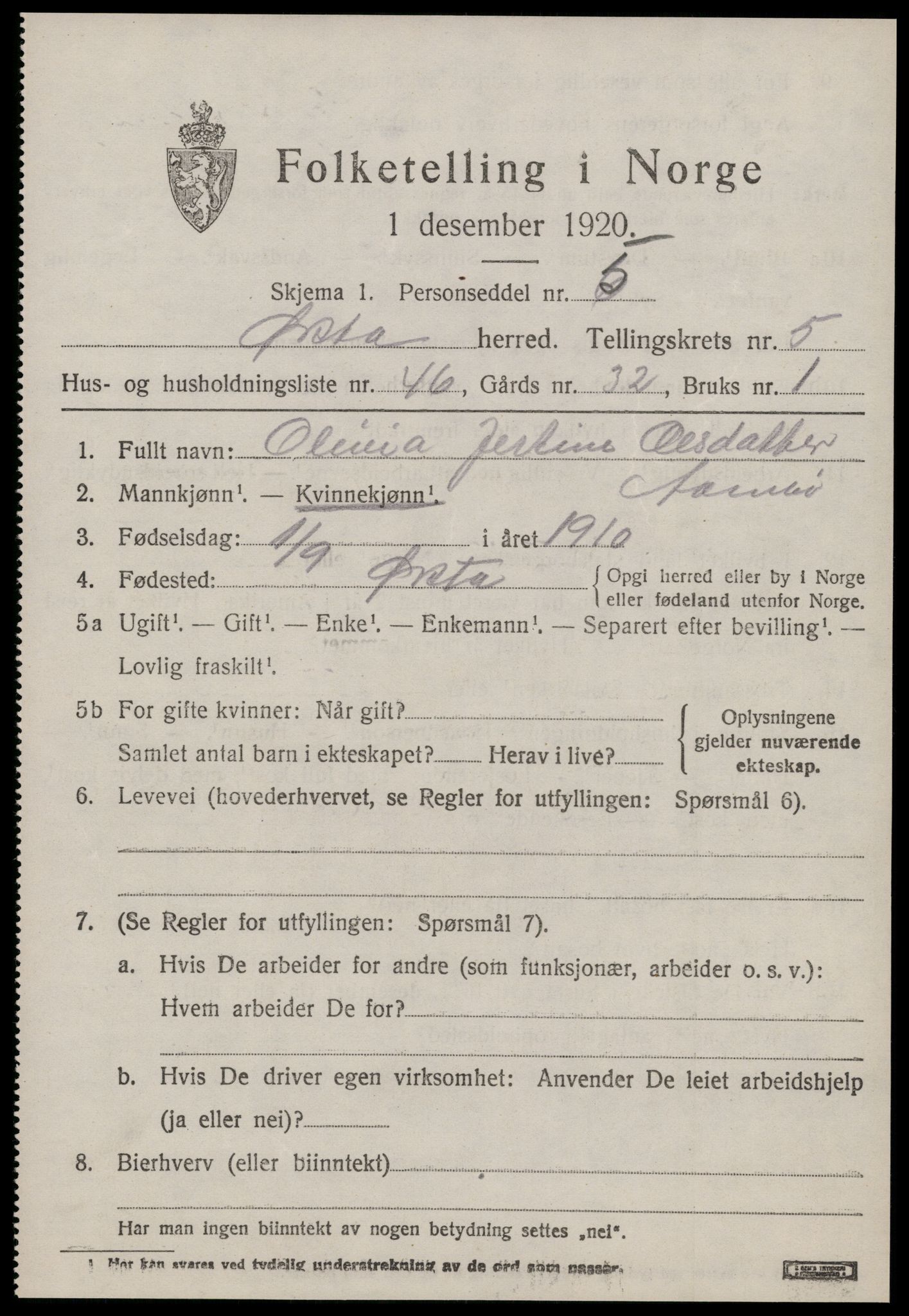 SAT, 1920 census for Ørsta, 1920, p. 4764