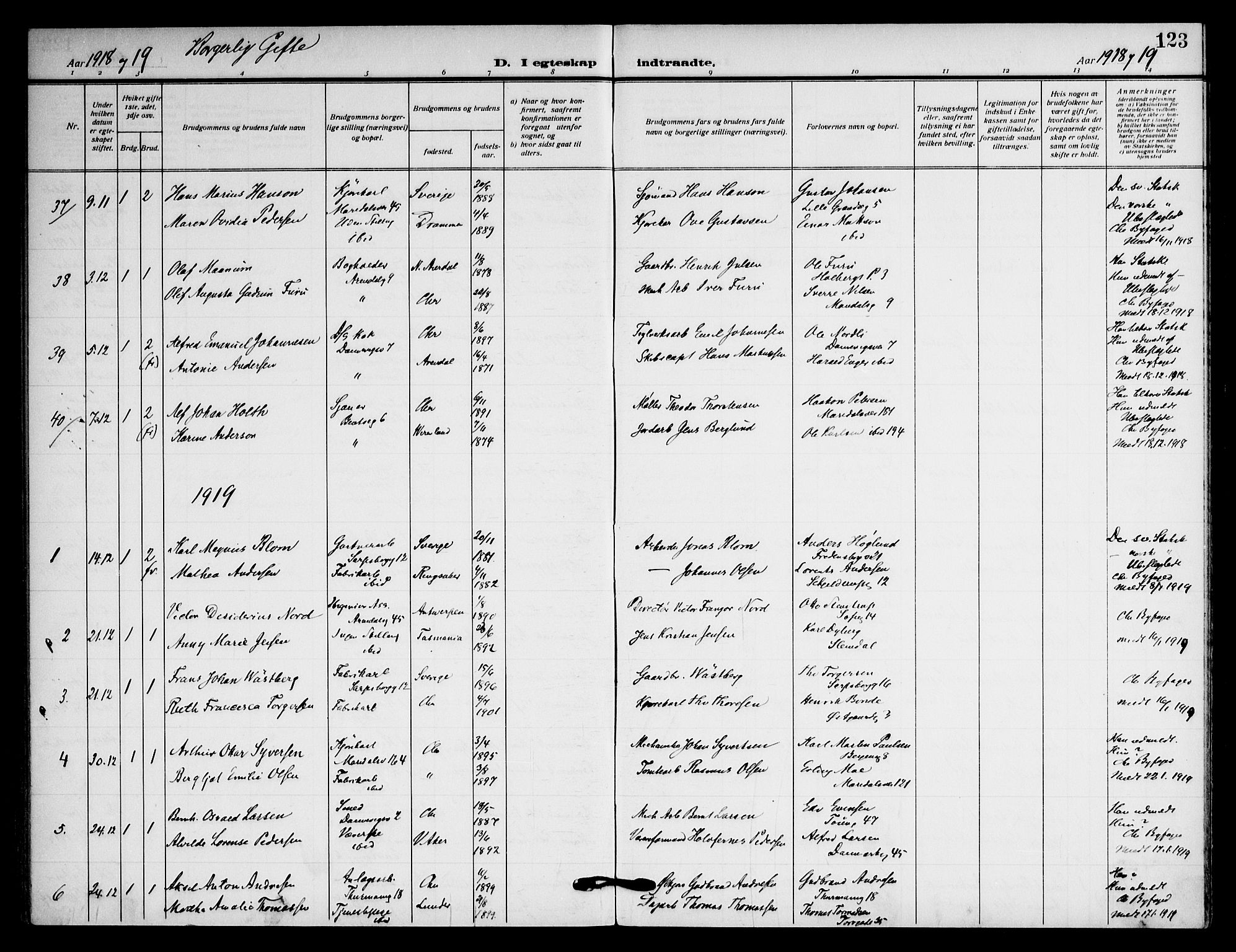 Sagene prestekontor Kirkebøker, AV/SAO-A-10796/F/L0009: Parish register (official) no. 9, 1911-1920, p. 123