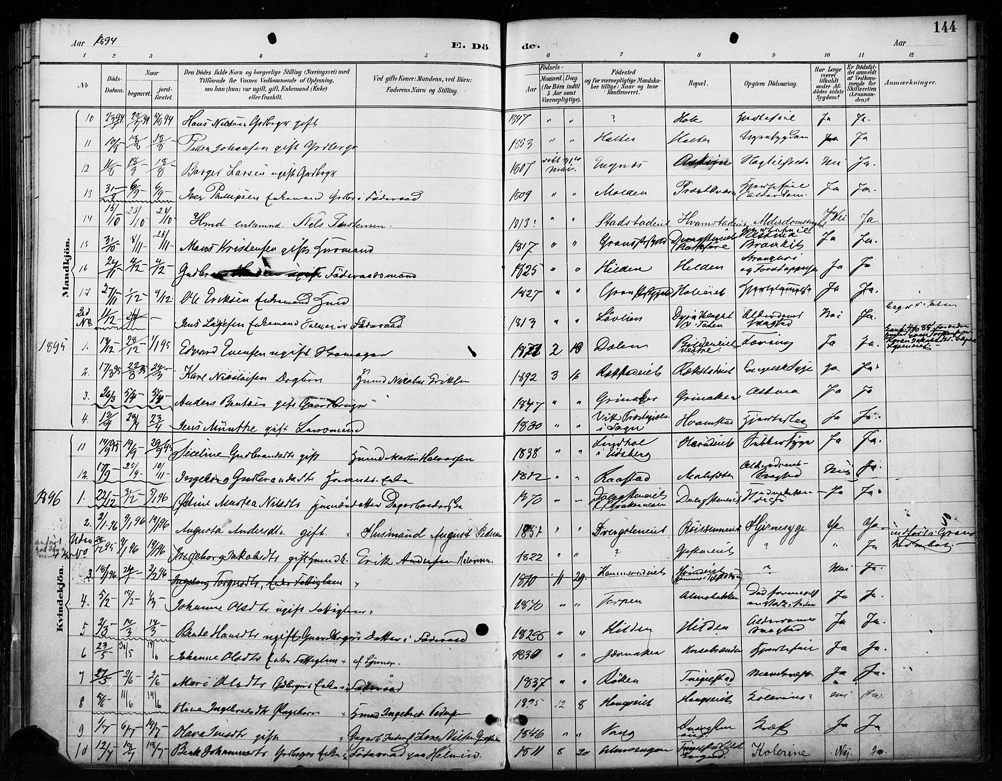 Gran prestekontor, SAH/PREST-112/H/Ha/Haa/L0018: Parish register (official) no. 18, 1889-1899, p. 144