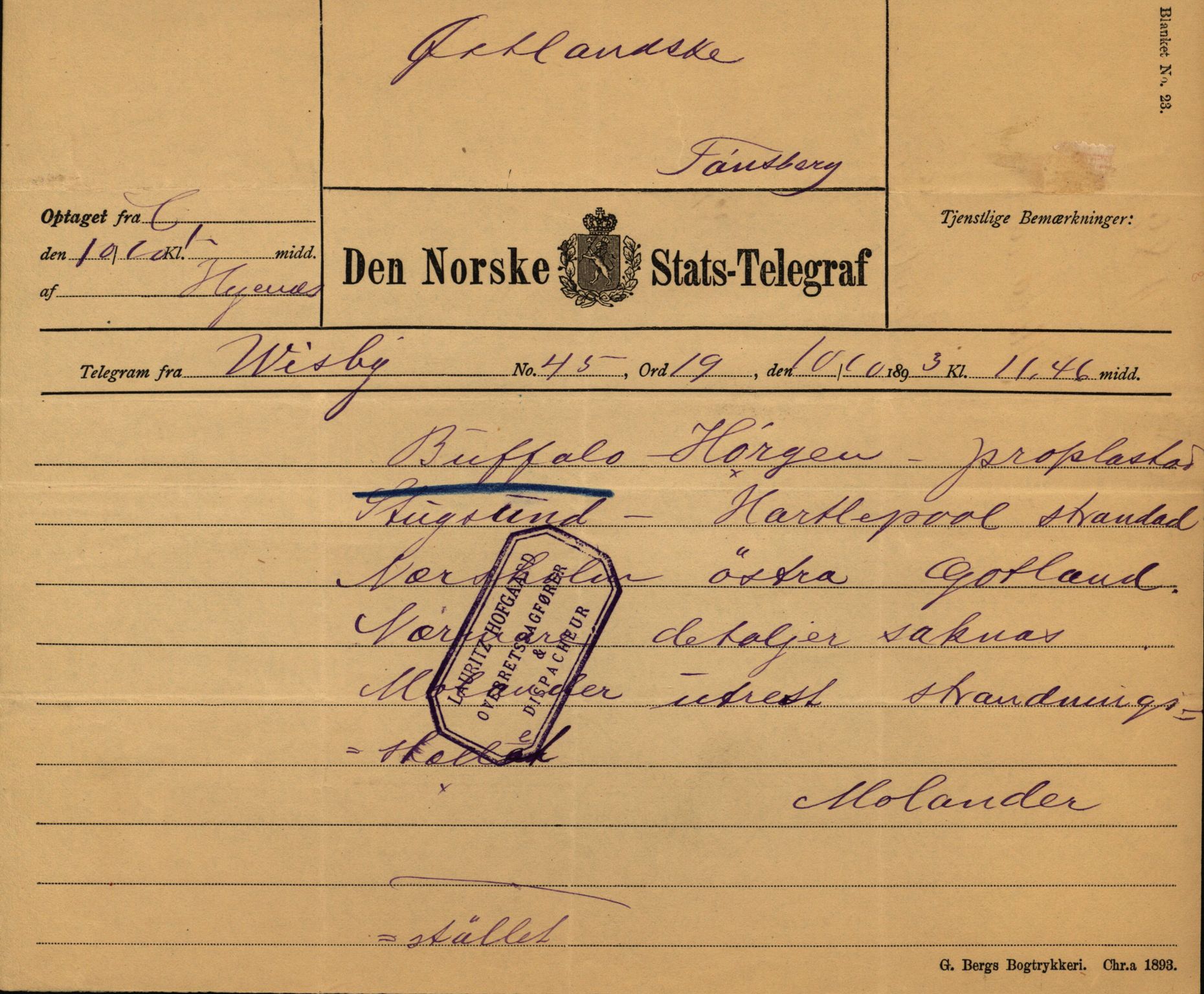 Pa 63 - Østlandske skibsassuranceforening, VEMU/A-1079/G/Ga/L0029/0009: Havaridokumenter / Anette, Agathe, Agra, Buffalo, 1893, p. 58