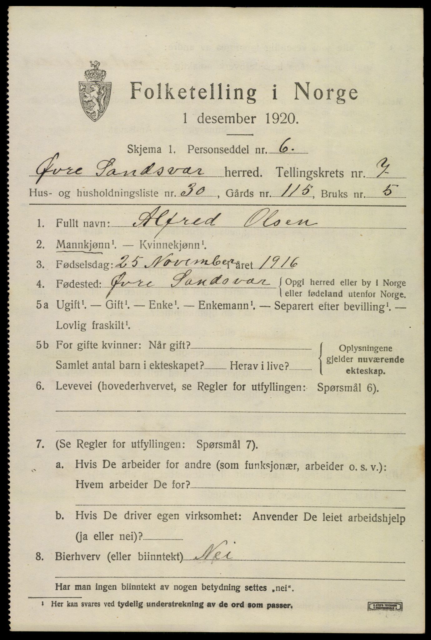 SAKO, 1920 census for Øvre Sandsvær, 1920, p. 4122