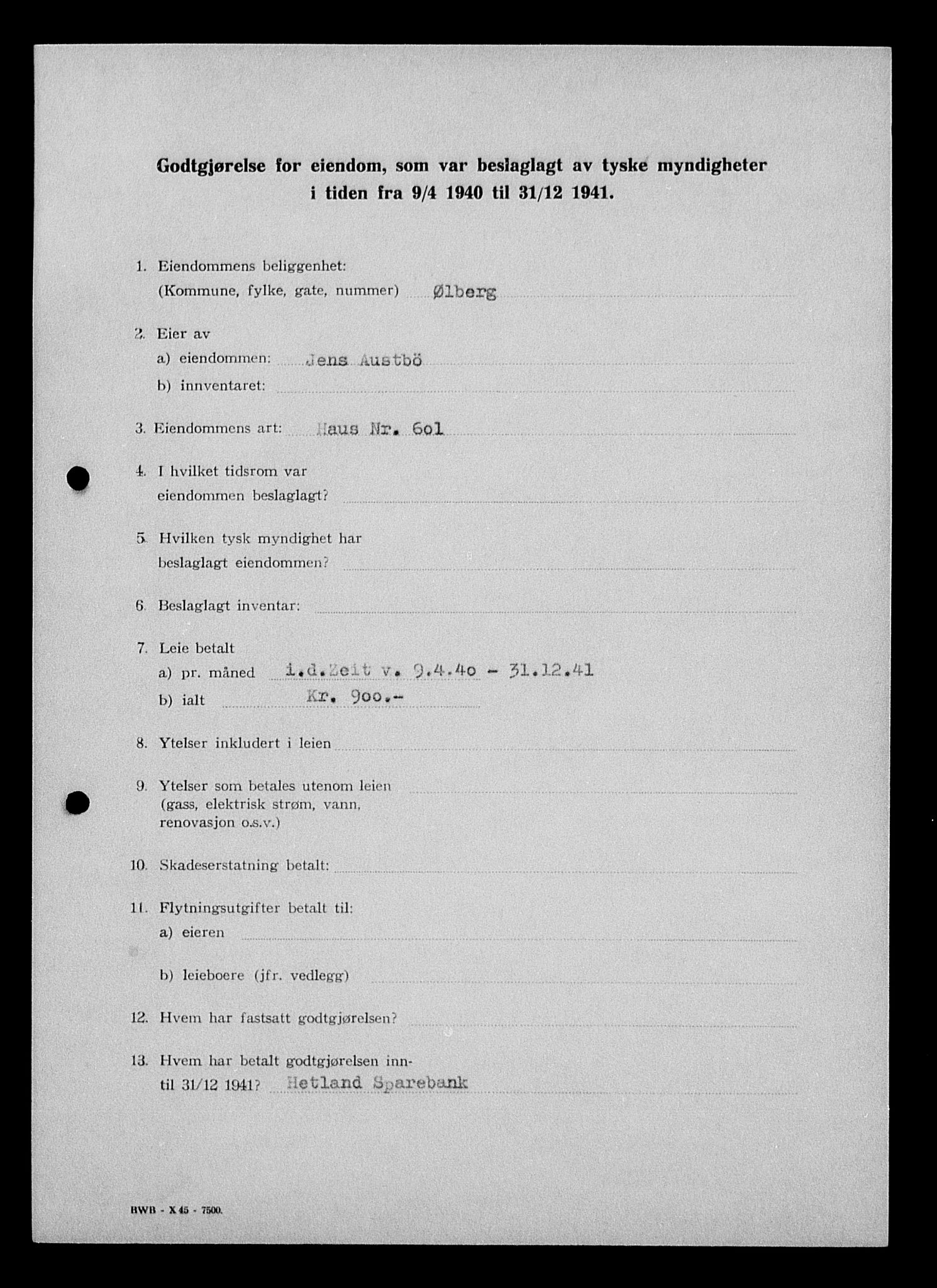 Justisdepartementet, Tilbakeføringskontoret for inndratte formuer, AV/RA-S-1564/I/L1014: Godtgjørelse for beslaglagt eiendom, 1940-1941, p. 173