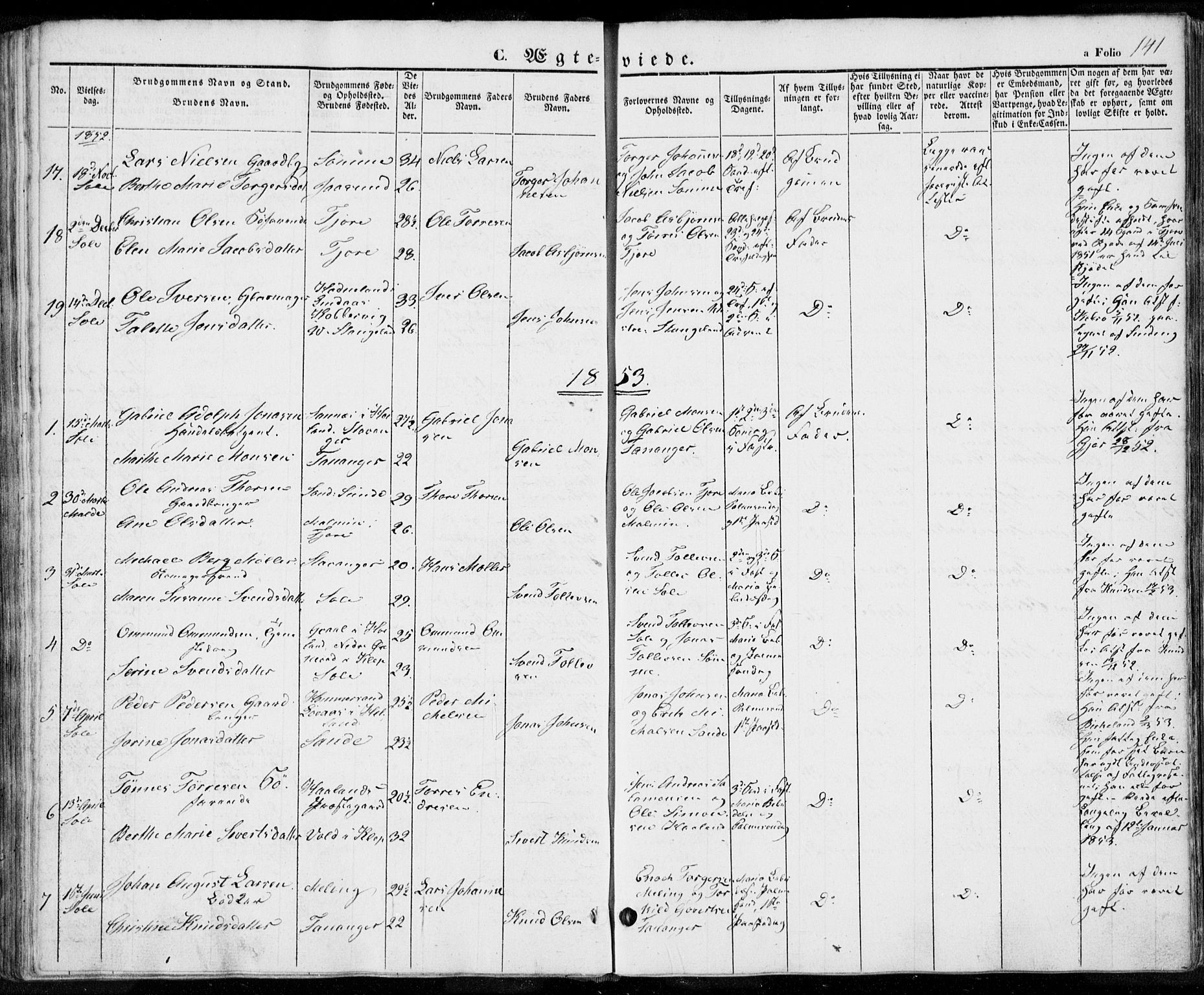 Håland sokneprestkontor, SAST/A-101802/001/30BA/L0006: Parish register (official) no. A 6, 1842-1853, p. 141