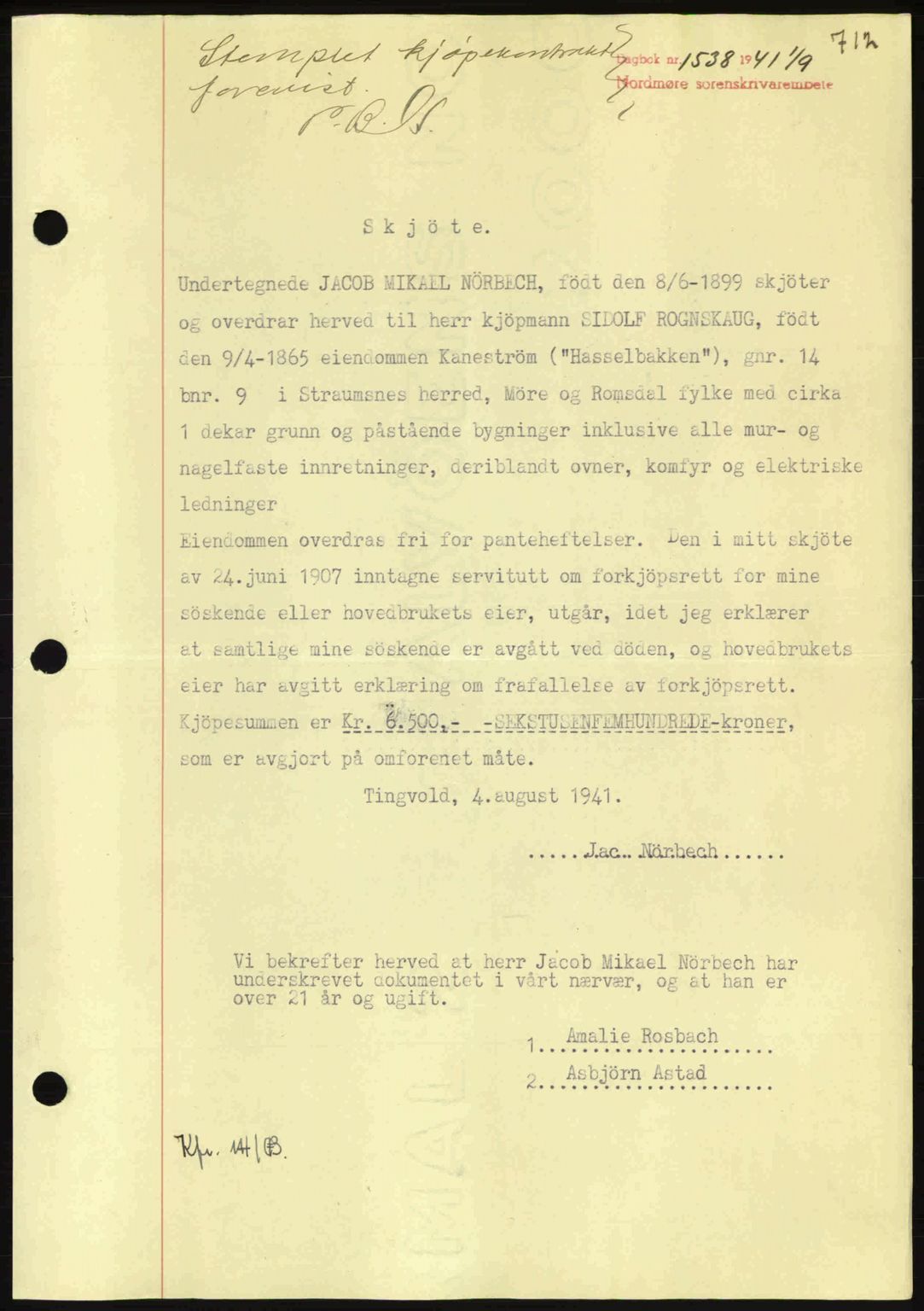 Nordmøre sorenskriveri, SAT/A-4132/1/2/2Ca: Mortgage book no. A90, 1941-1941, Diary no: : 1538/1941