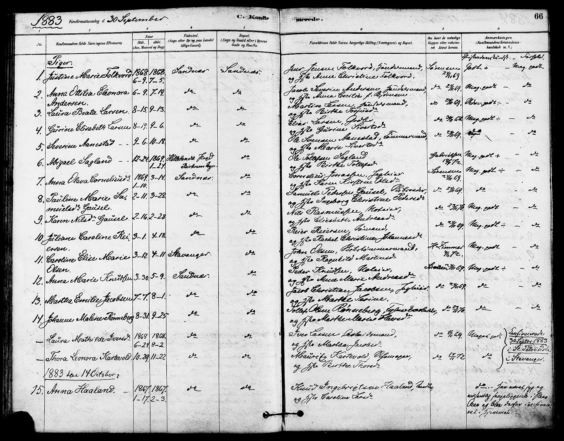 Høyland sokneprestkontor, SAST/A-101799/001/30BA/L0012: Parish register (official) no. A 11, 1878-1889, p. 66