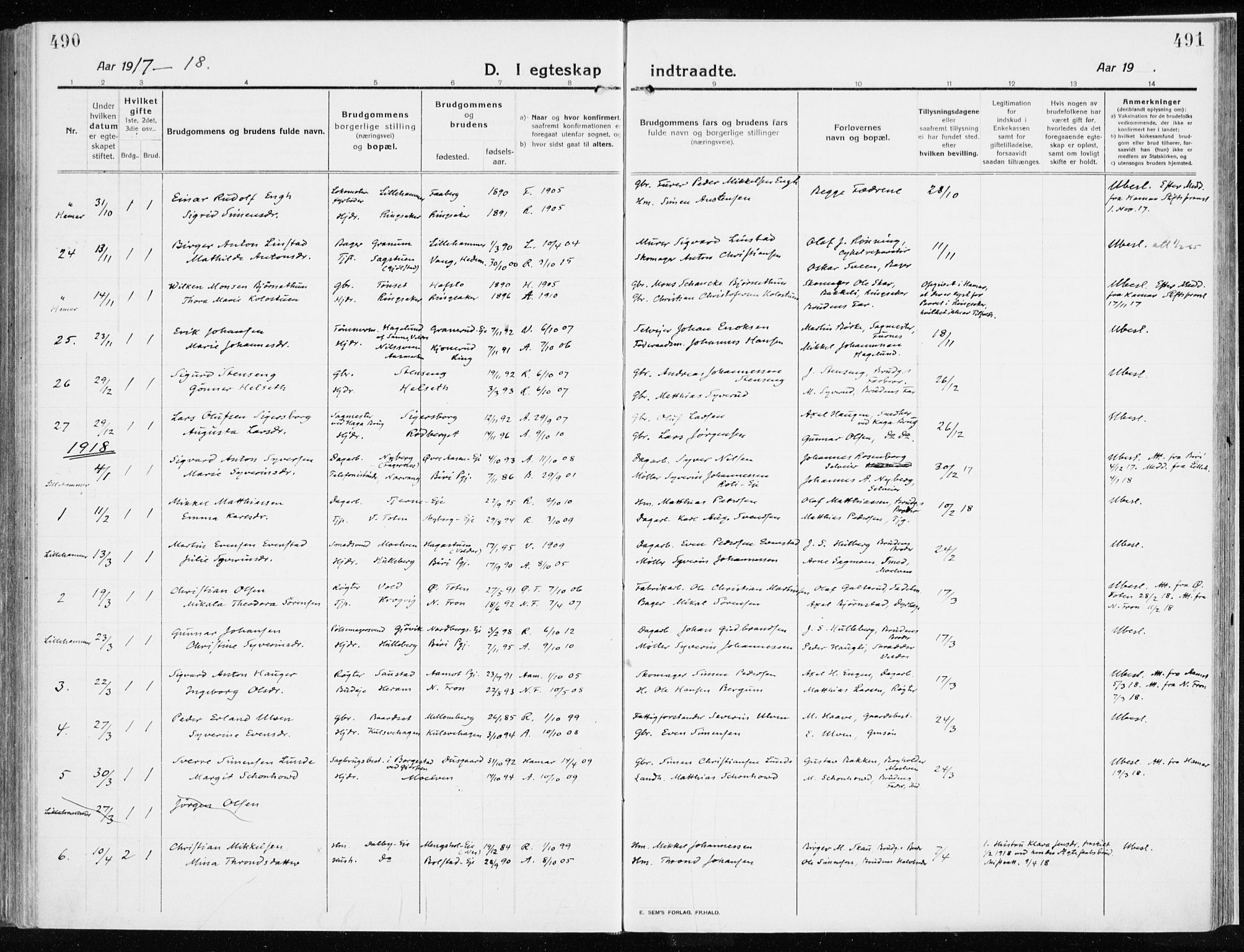 Ringsaker prestekontor, AV/SAH-PREST-014/K/Ka/L0020: Parish register (official) no. 20, 1913-1922, p. 490-491