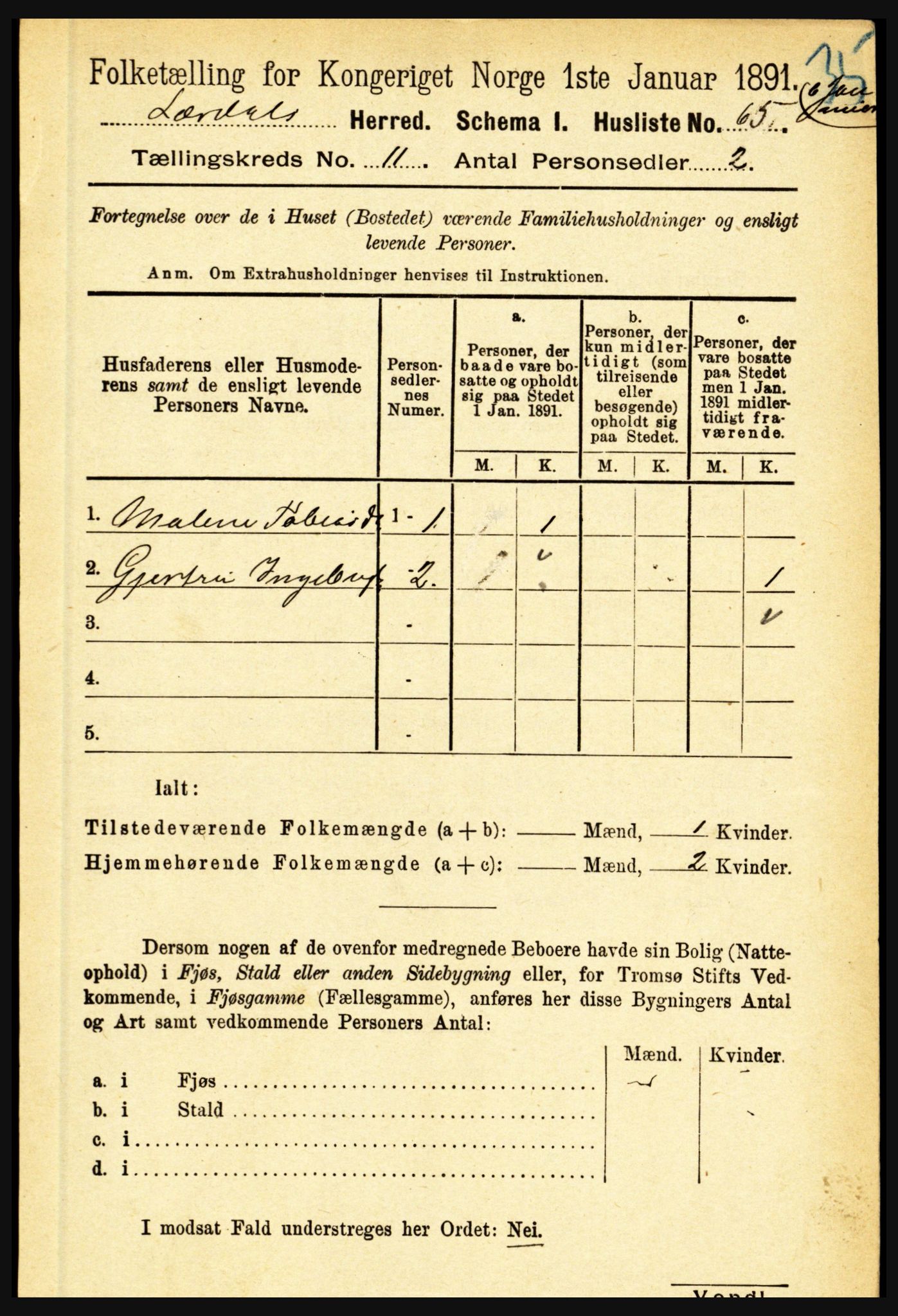 RA, 1891 census for 1422 Lærdal, 1891, p. 2161