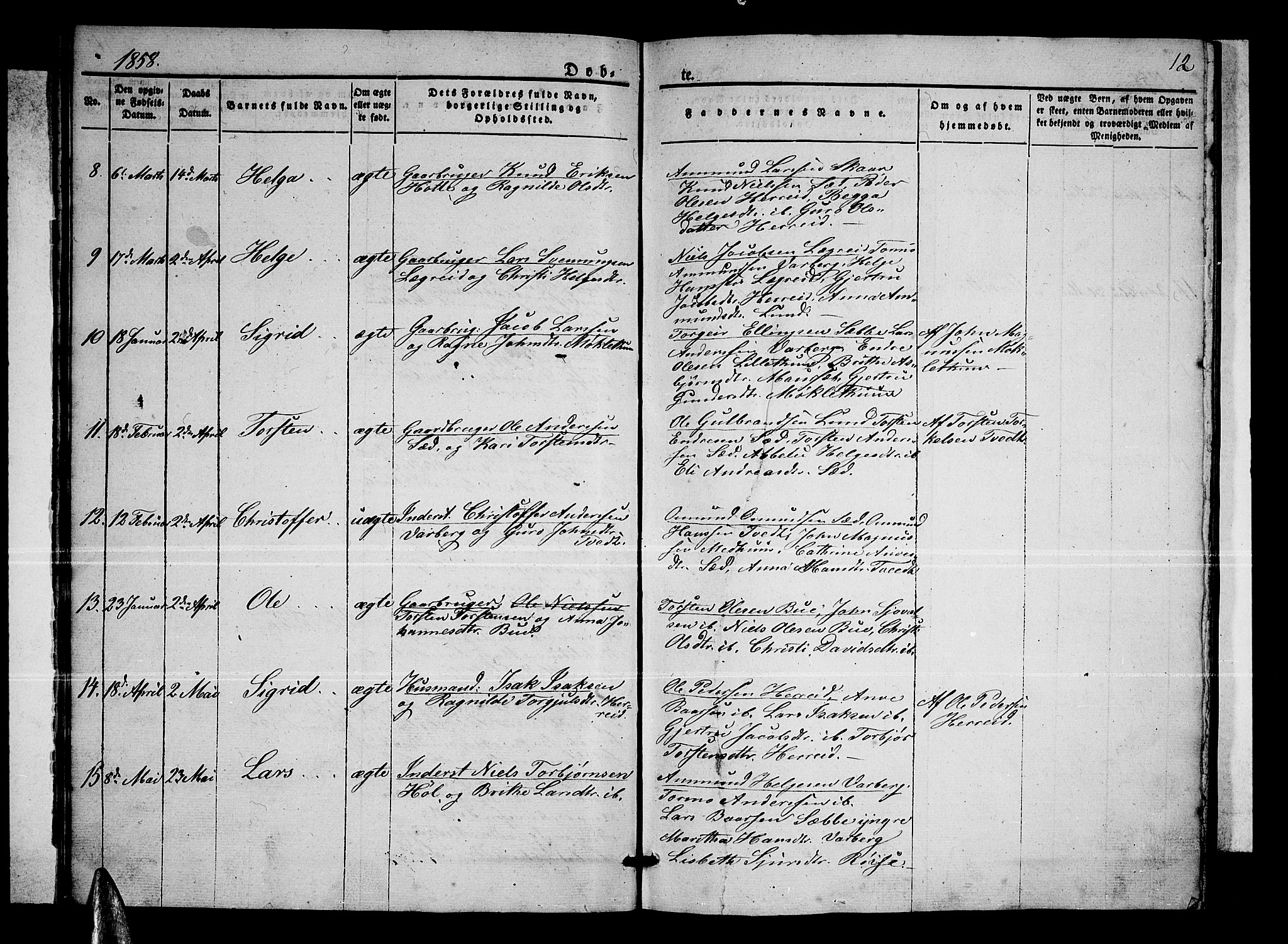 Ullensvang sokneprestembete, SAB/A-78701/H/Hab: Parish register (copy) no. C 1, 1855-1871, p. 12