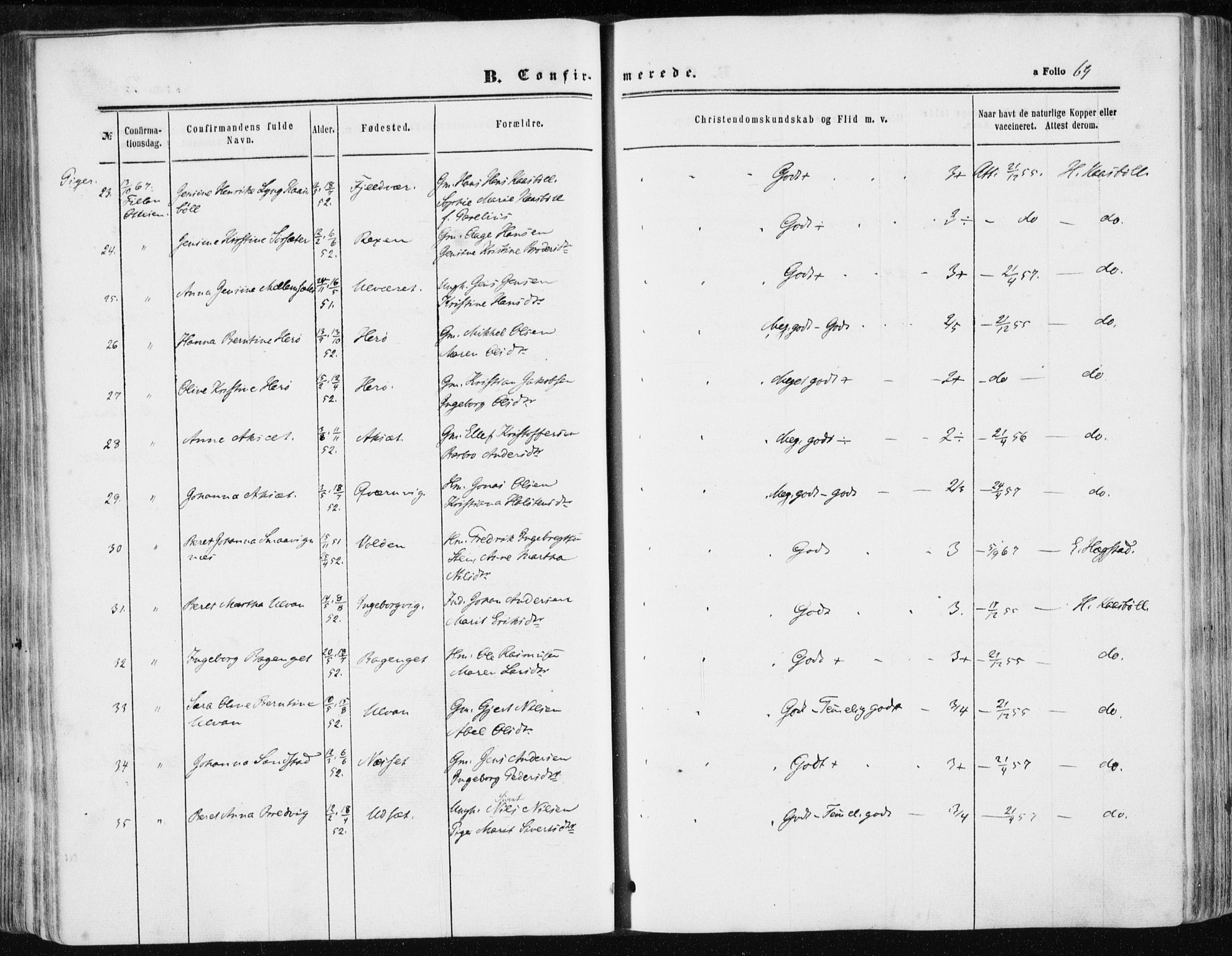 Ministerialprotokoller, klokkerbøker og fødselsregistre - Sør-Trøndelag, AV/SAT-A-1456/634/L0531: Parish register (official) no. 634A07, 1861-1870, p. 69