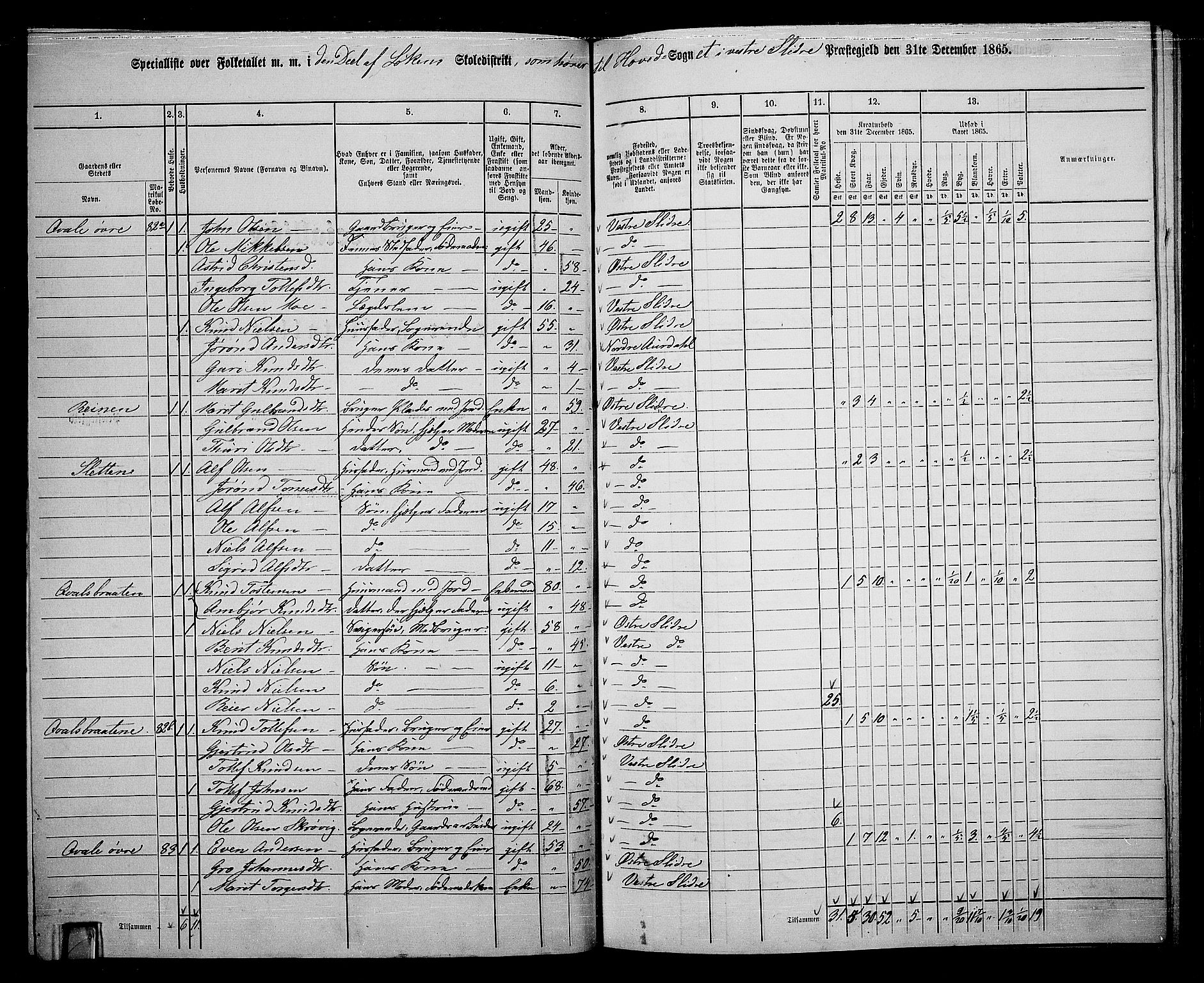 RA, 1865 census for Vestre Slidre, 1865, p. 52