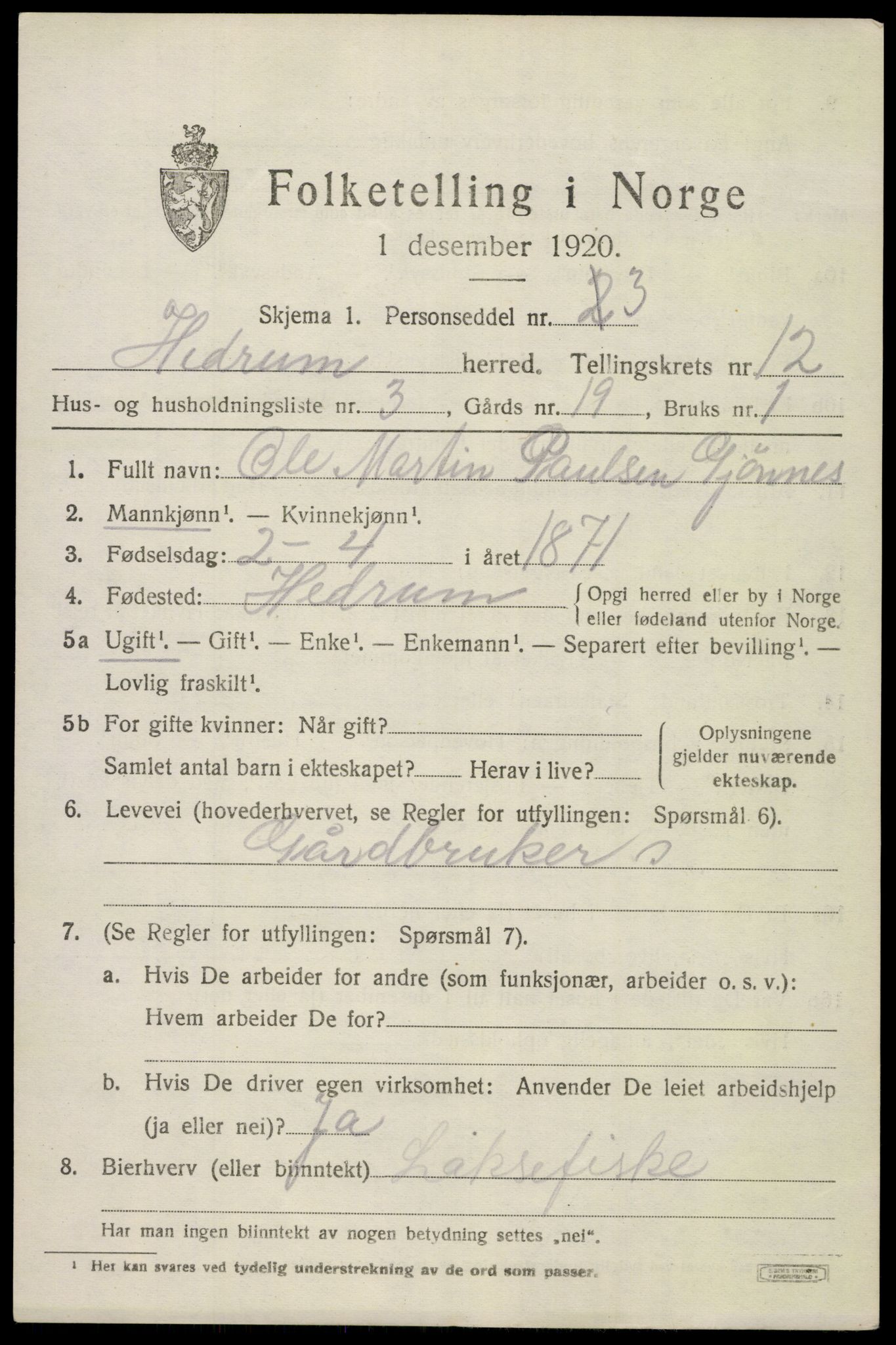 SAKO, 1920 census for Hedrum, 1920, p. 8057