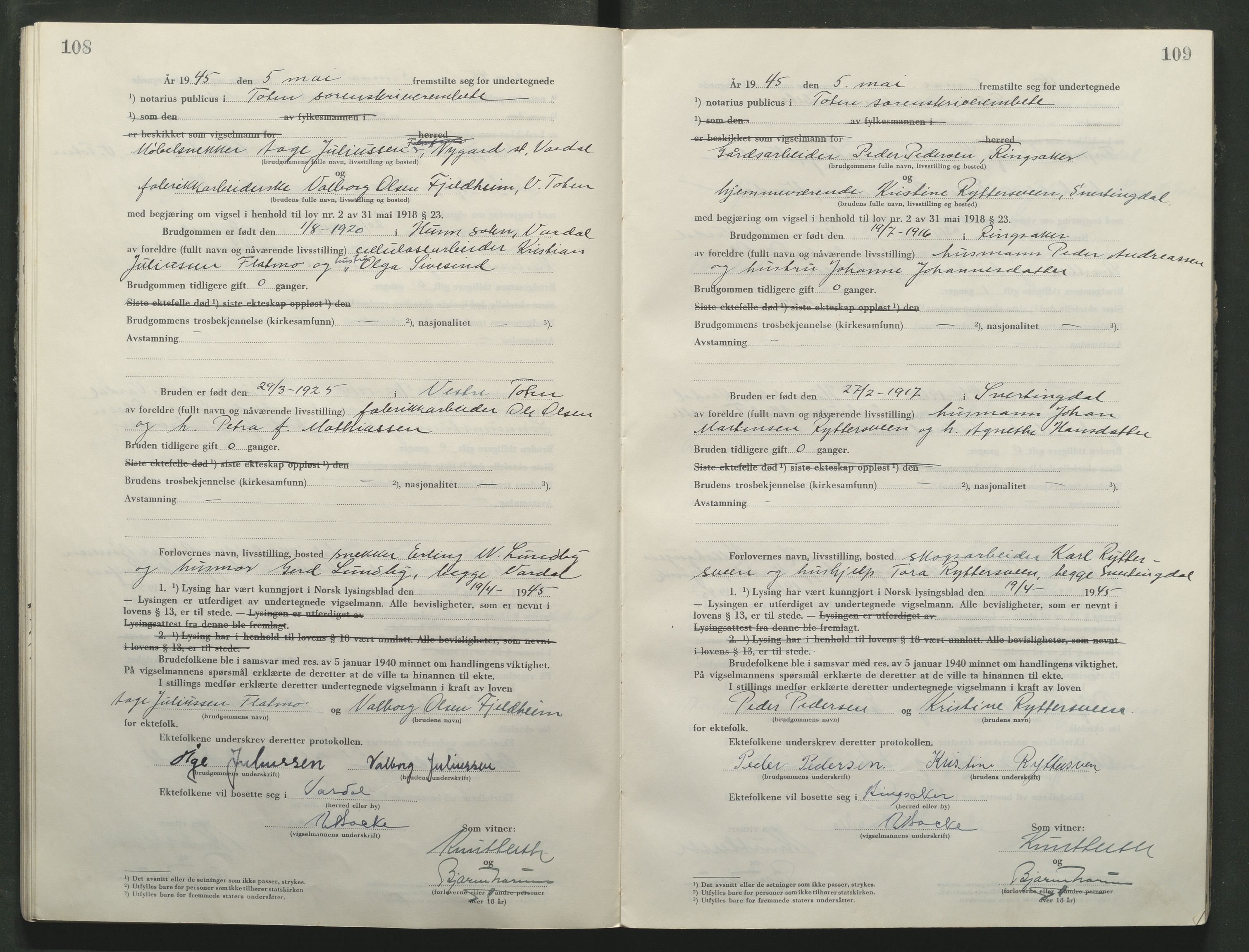 Toten tingrett, AV/SAH-TING-006/L/Lc/L0005: Vigselbok, 1944-1948, p. 108-109