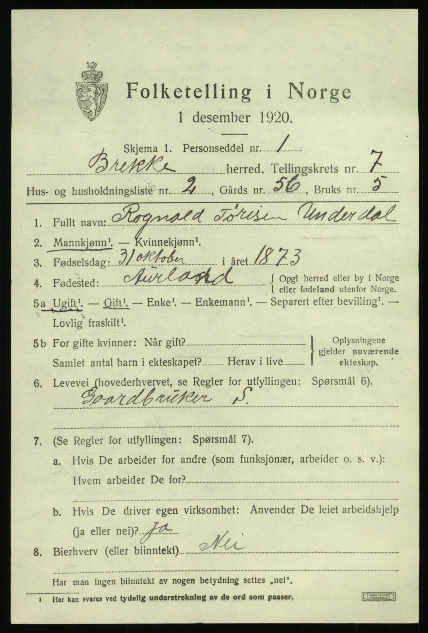 SAB, 1920 census for Brekke, 1920, p. 1482