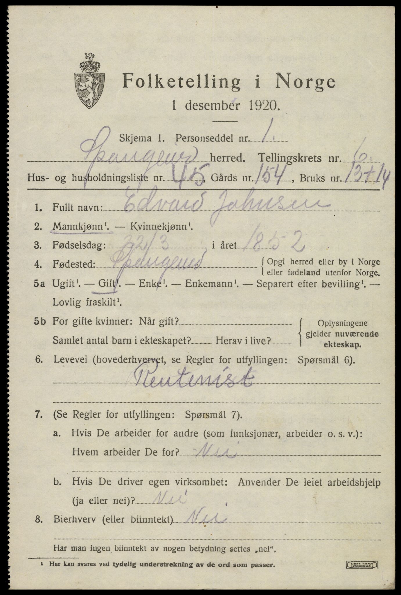 SAK, 1920 census for Spangereid, 1920, p. 2559