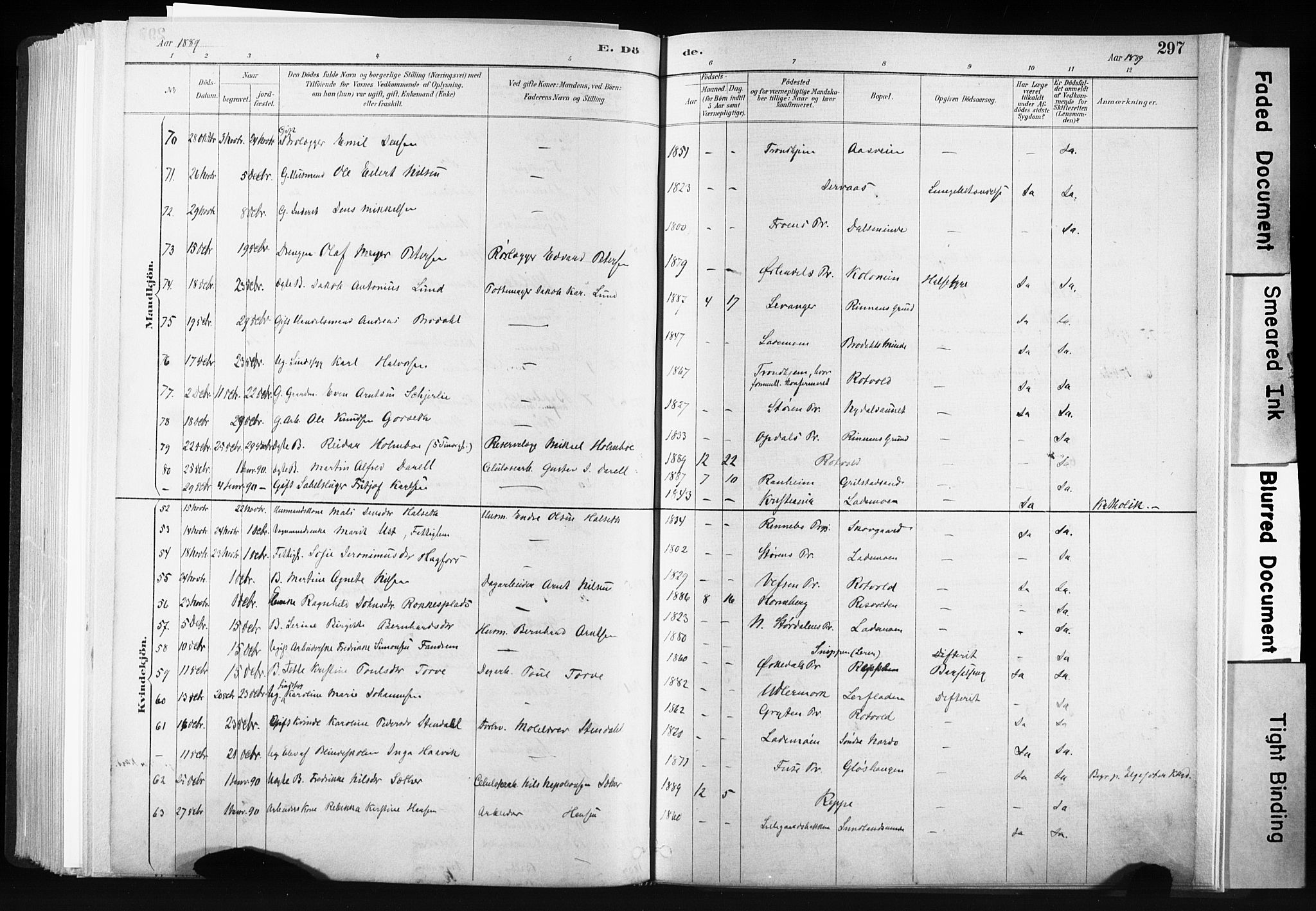 Ministerialprotokoller, klokkerbøker og fødselsregistre - Sør-Trøndelag, AV/SAT-A-1456/606/L0300: Parish register (official) no. 606A15, 1886-1893, p. 297