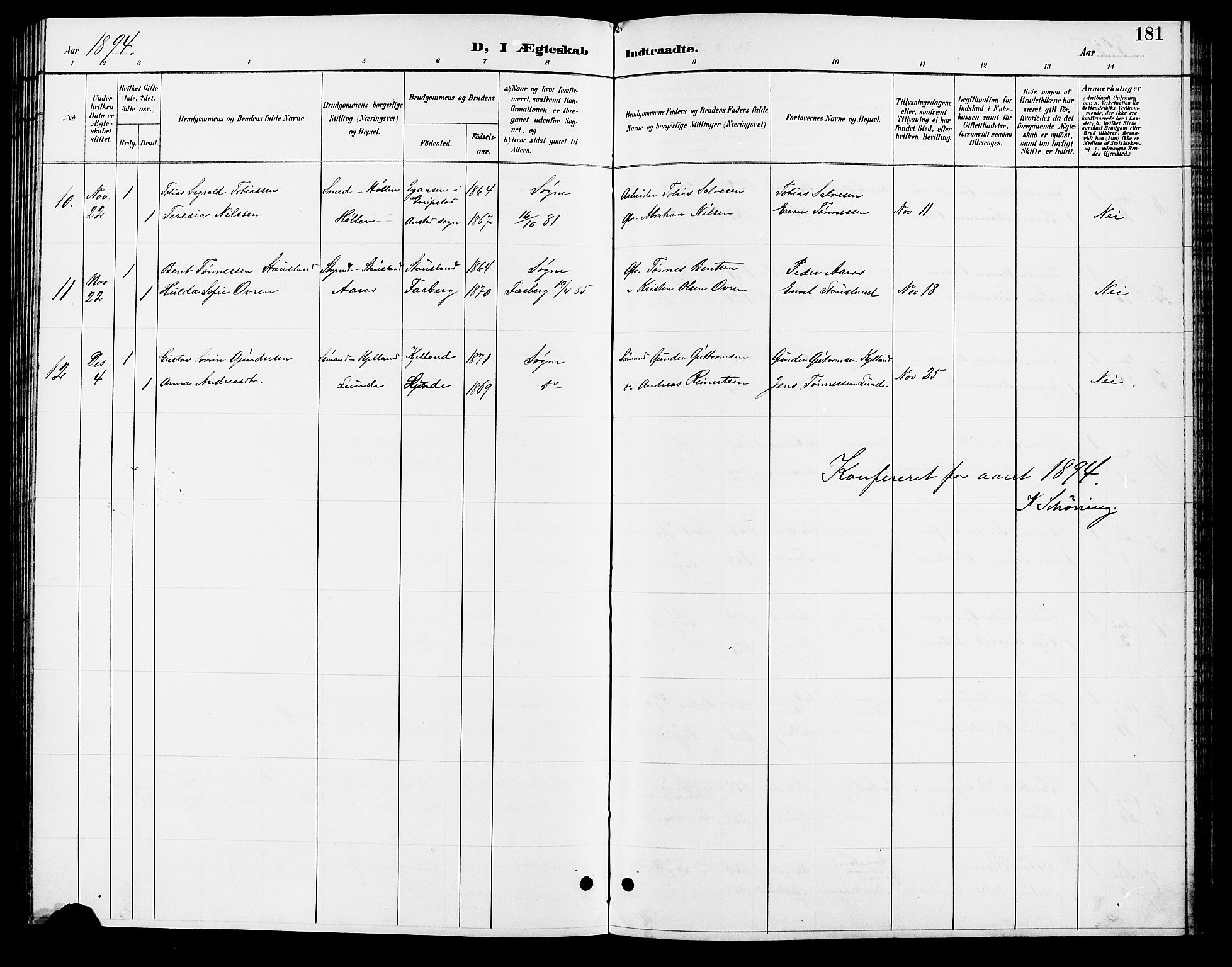 Søgne sokneprestkontor, AV/SAK-1111-0037/F/Fb/Fbb/L0006: Parish register (copy) no. B 6, 1892-1911, p. 181