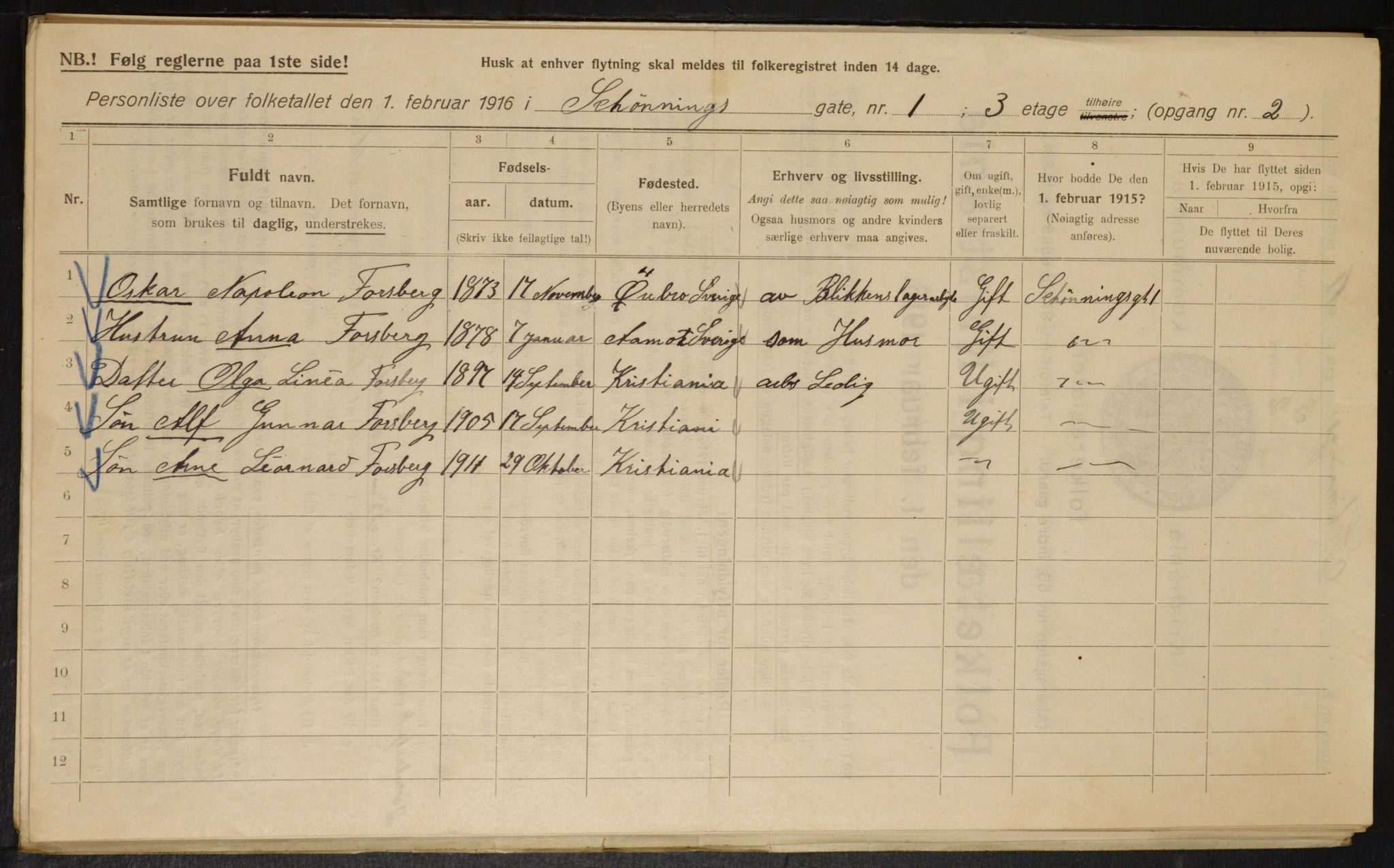 OBA, Municipal Census 1916 for Kristiania, 1916, p. 95602