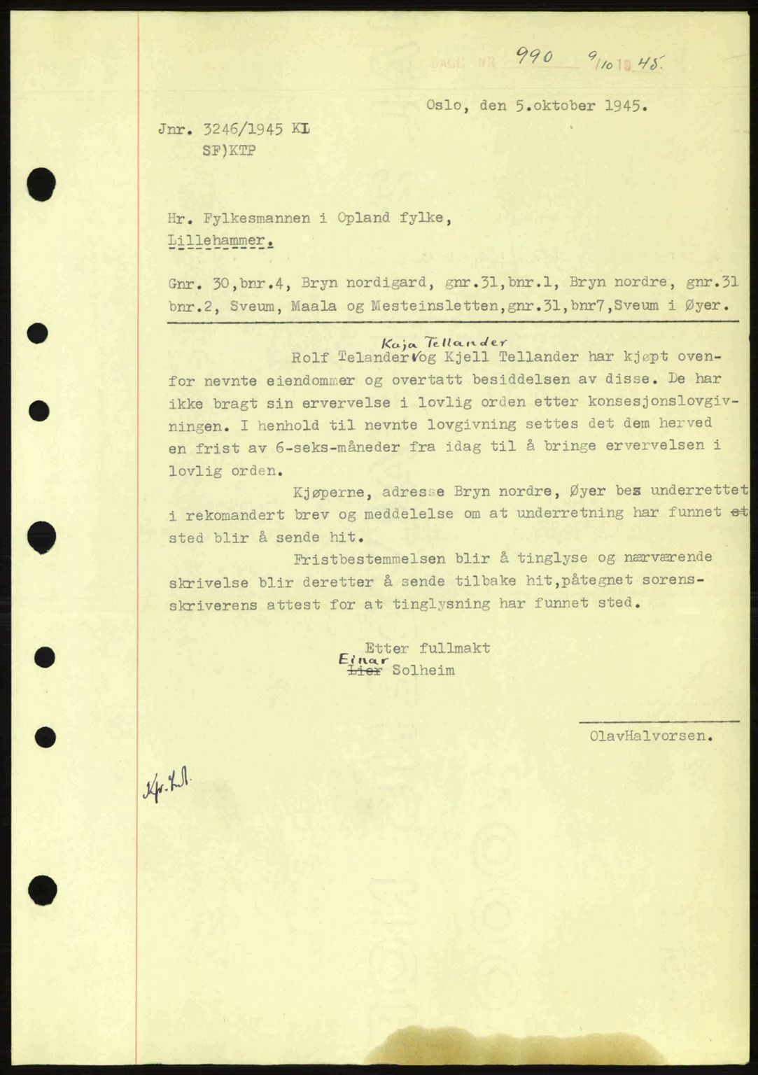 Sør-Gudbrandsdal tingrett, AV/SAH-TING-004/H/Hb/Hbd/L0014: Mortgage book no. A14, 1944-1945, Diary no: : 990/1945