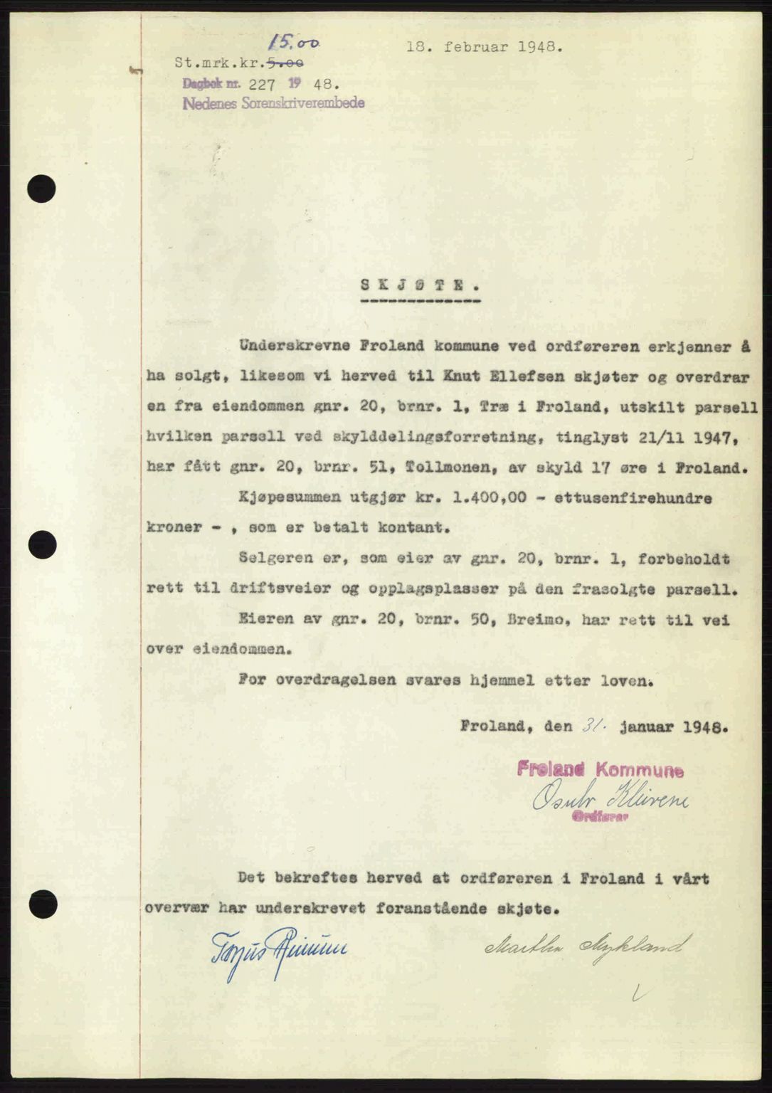 Nedenes sorenskriveri, AV/SAK-1221-0006/G/Gb/Gba/L0058: Mortgage book no. A10, 1947-1948, Diary no: : 227/1948