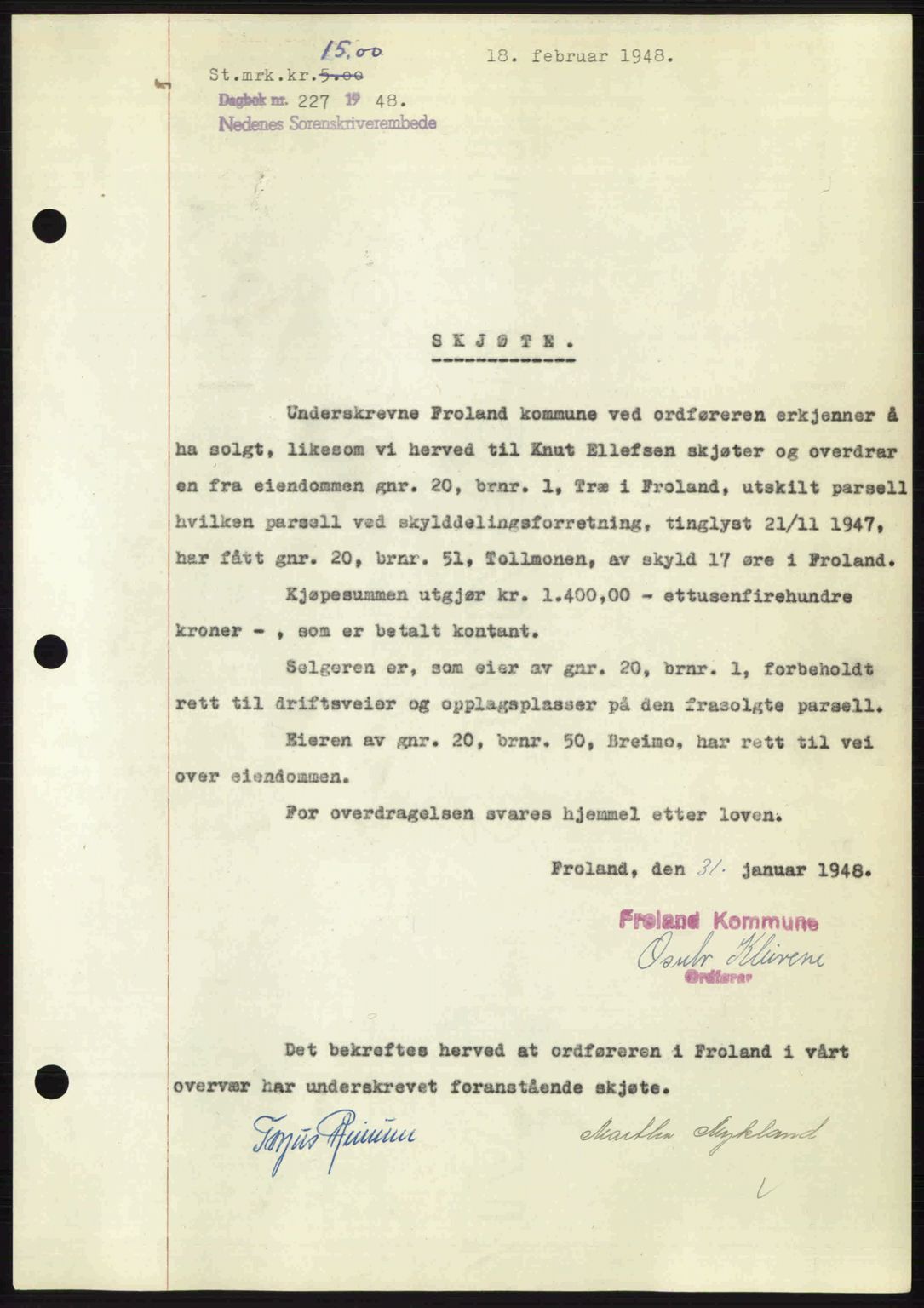 Nedenes sorenskriveri, SAK/1221-0006/G/Gb/Gba/L0058: Mortgage book no. A10, 1947-1948, Diary no: : 227/1948